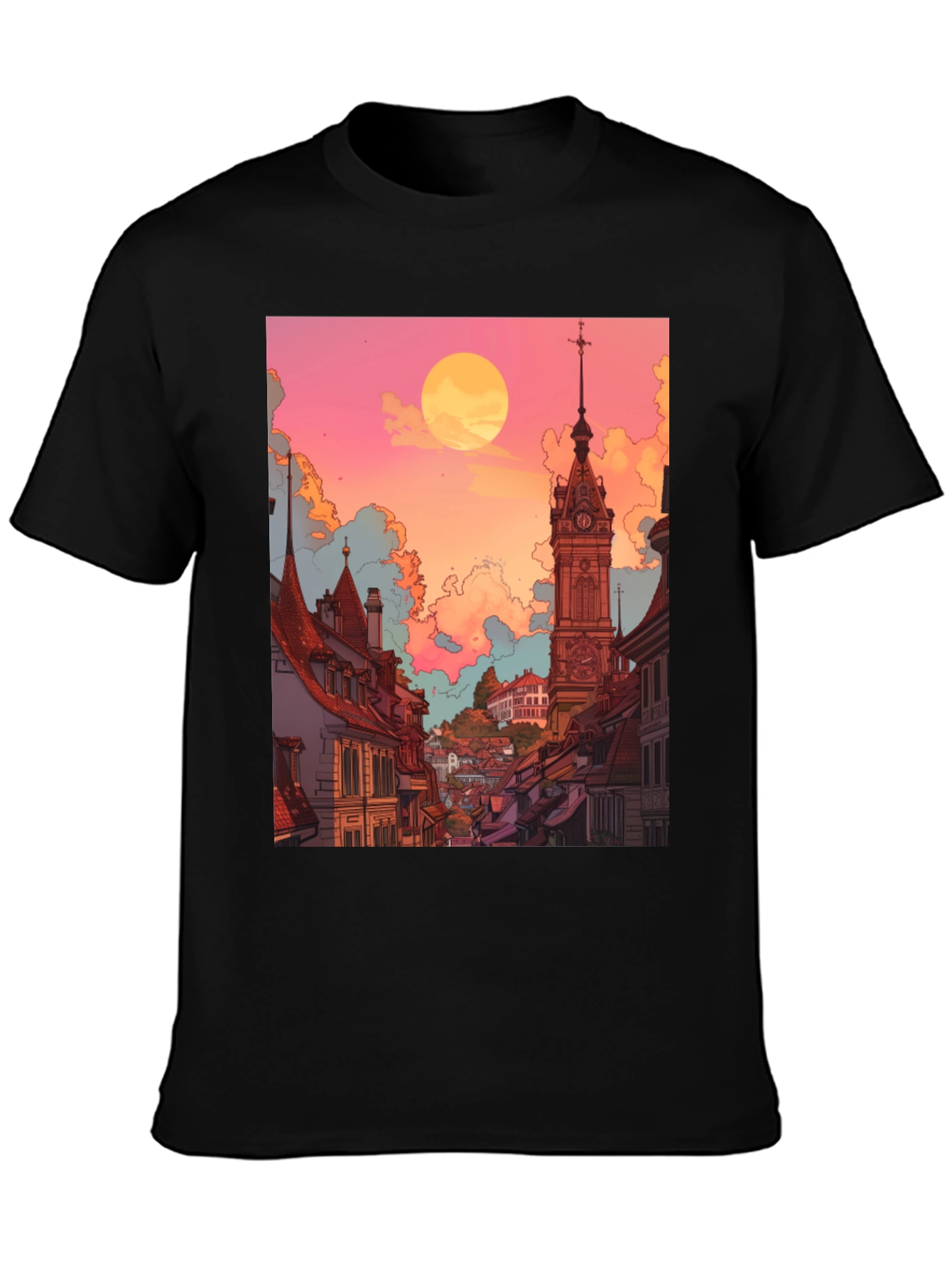 Black Retro Cityscape Graphic Tee - Unisex Black T-Shirt view 3