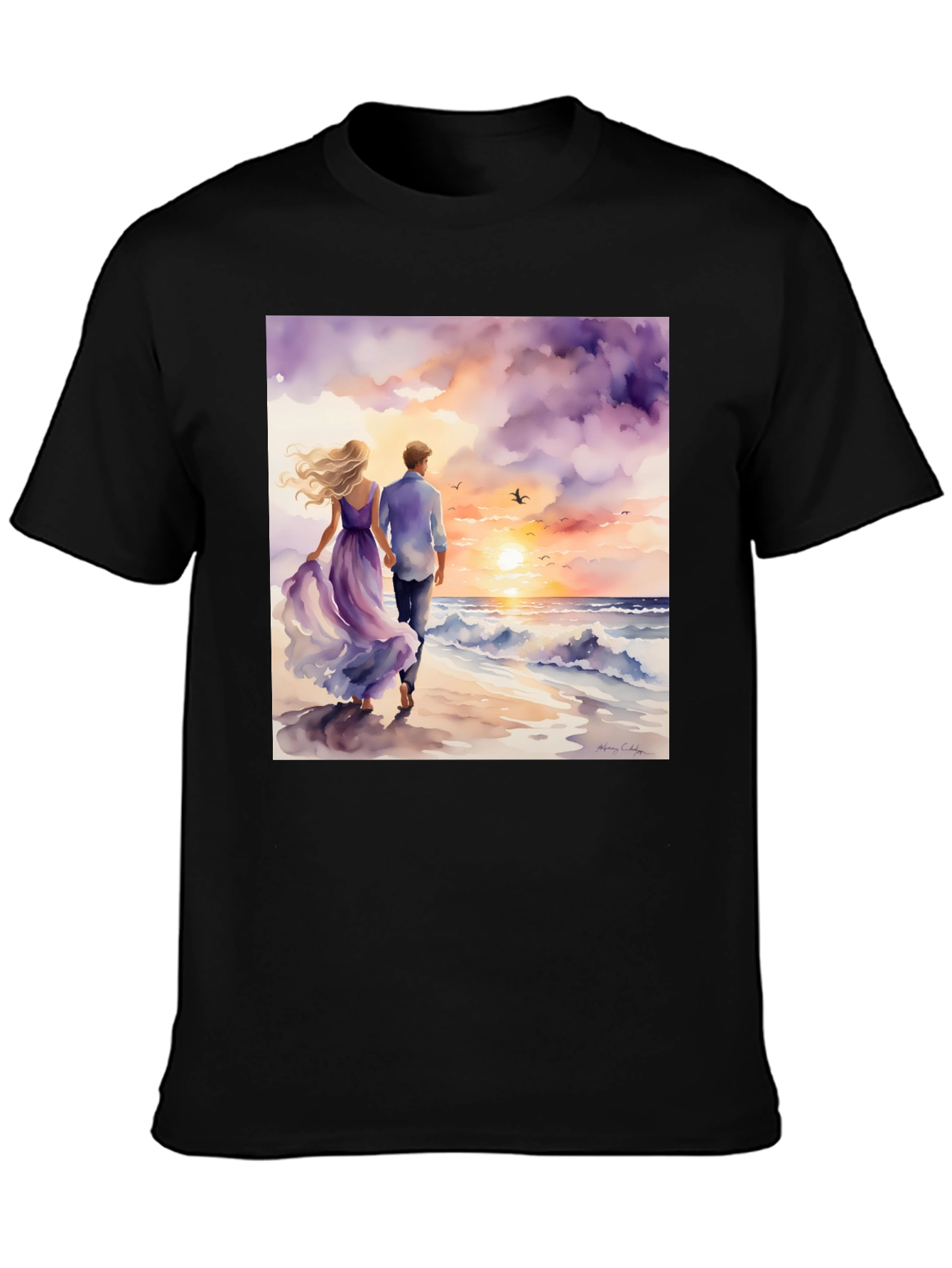 Black Romantic Sunset Couple T-Shirt view 3
