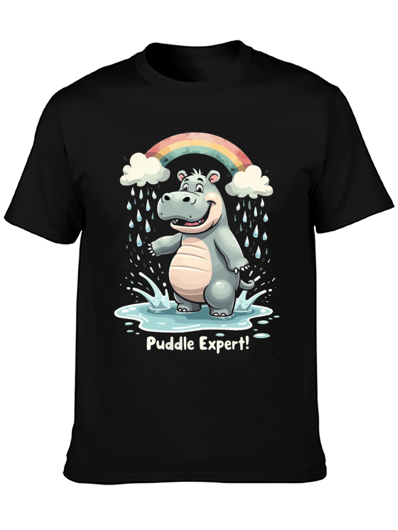 Black Puddle Expert Hippo T-Shirt - Funny Animal Tee view 3