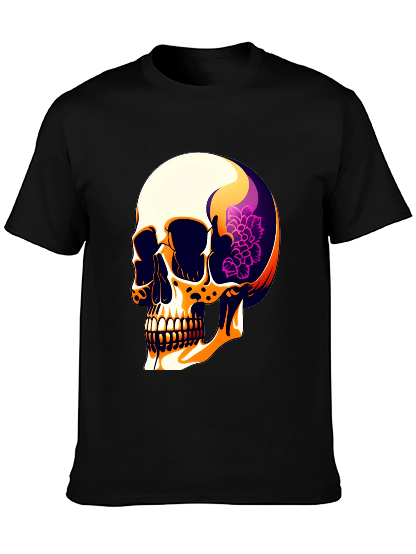 Black Skull & Floral Graphic Print Men's T-Shirt view 3