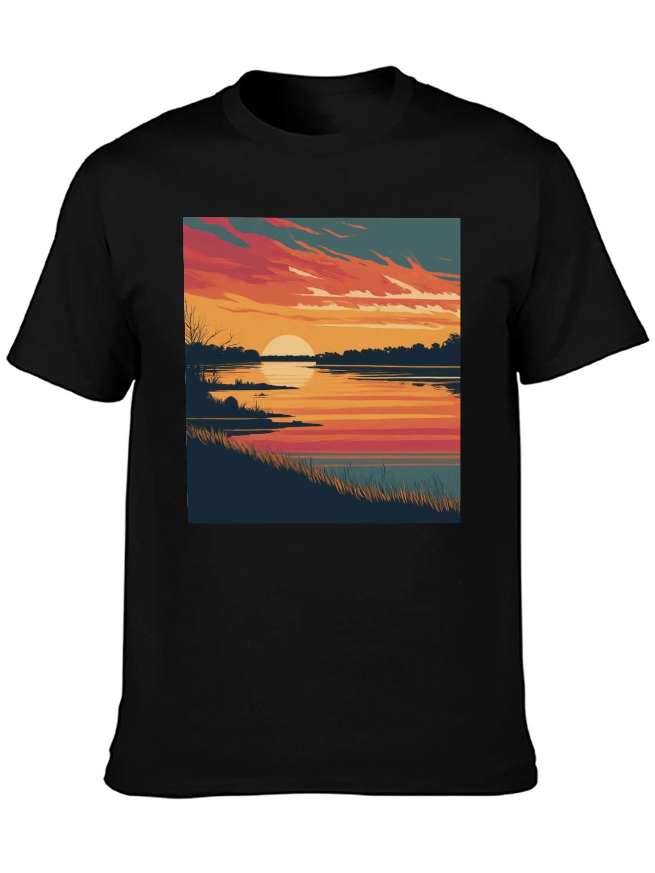 Black Sunset Lake Graphic Tee - Black Cotton Blend Comfort view 3