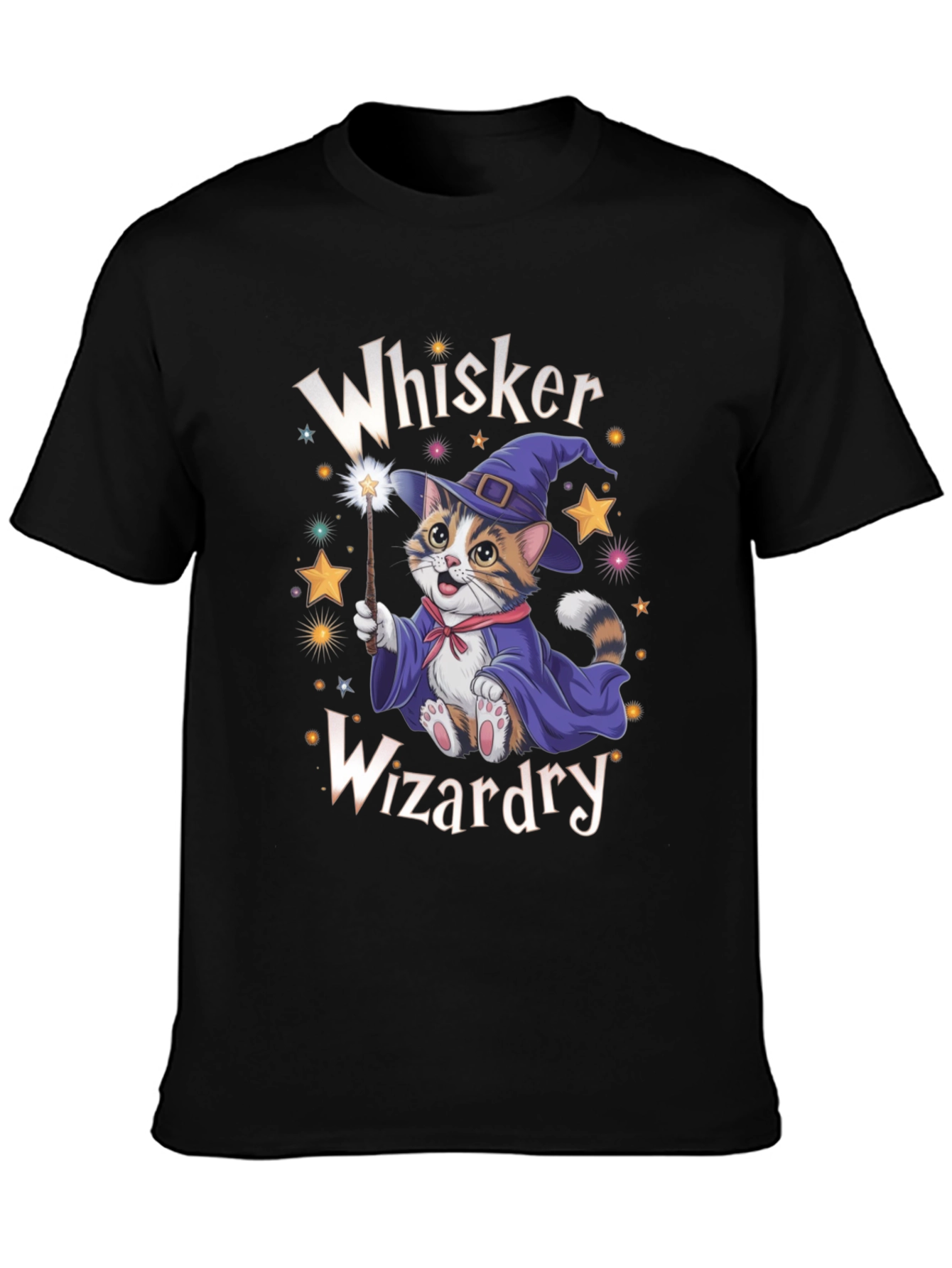Black Whiskers Wizardry Cat T-Shirt view 3