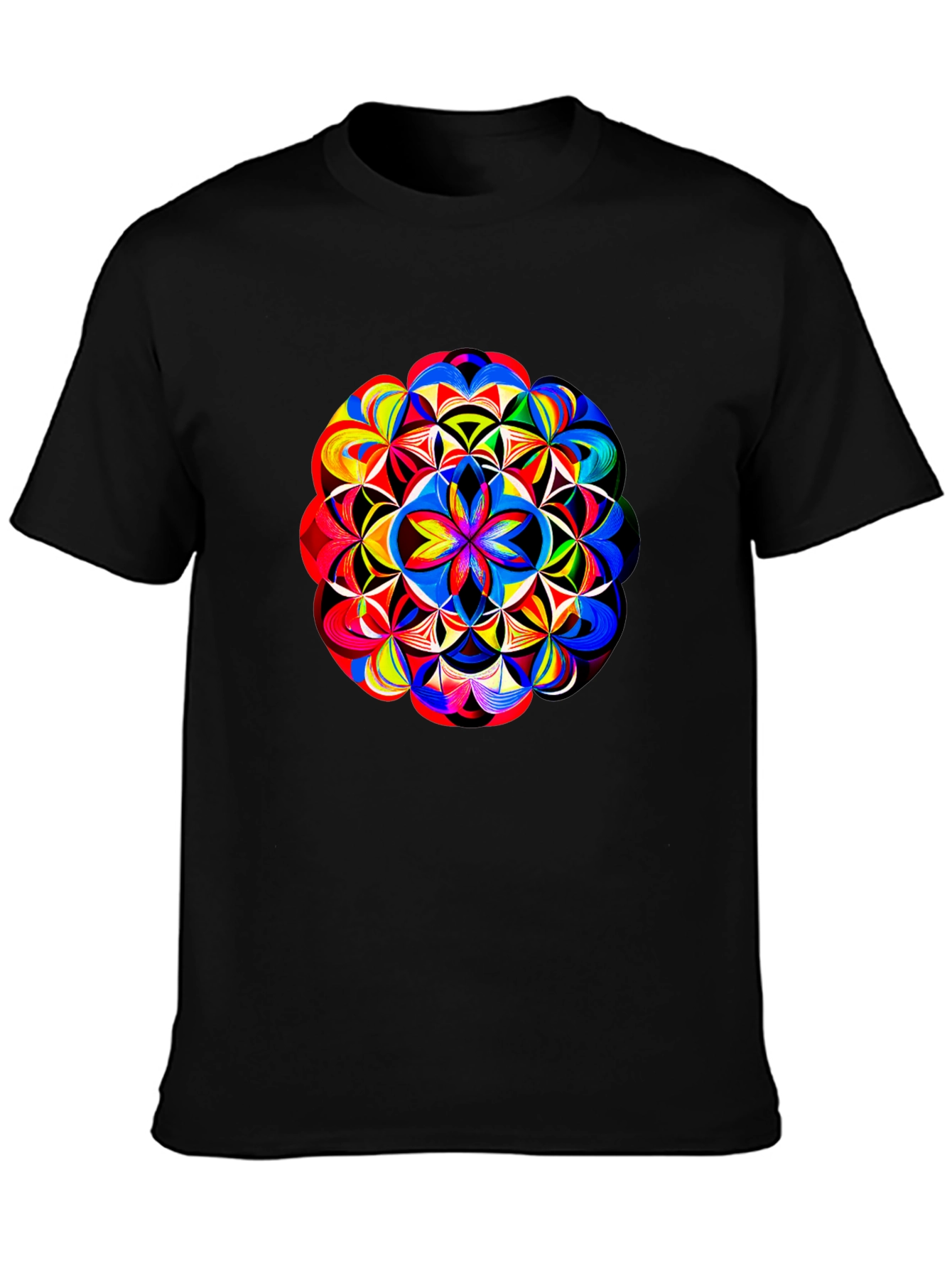 Black Vibrant Geometric Mandala Print Black T-Shirt view 3