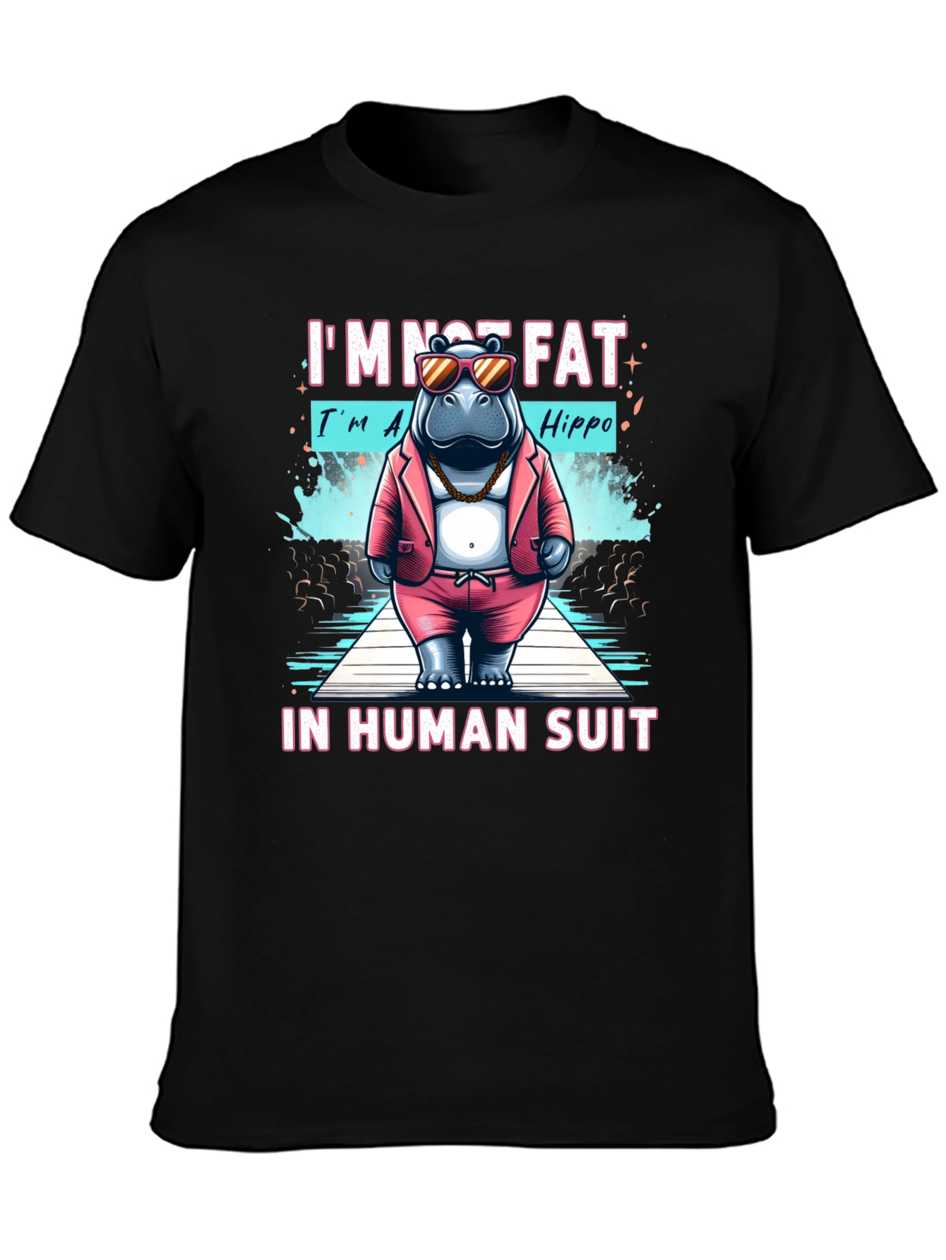 Black Funny Hippo in Human Suit Graphic Tee view 3