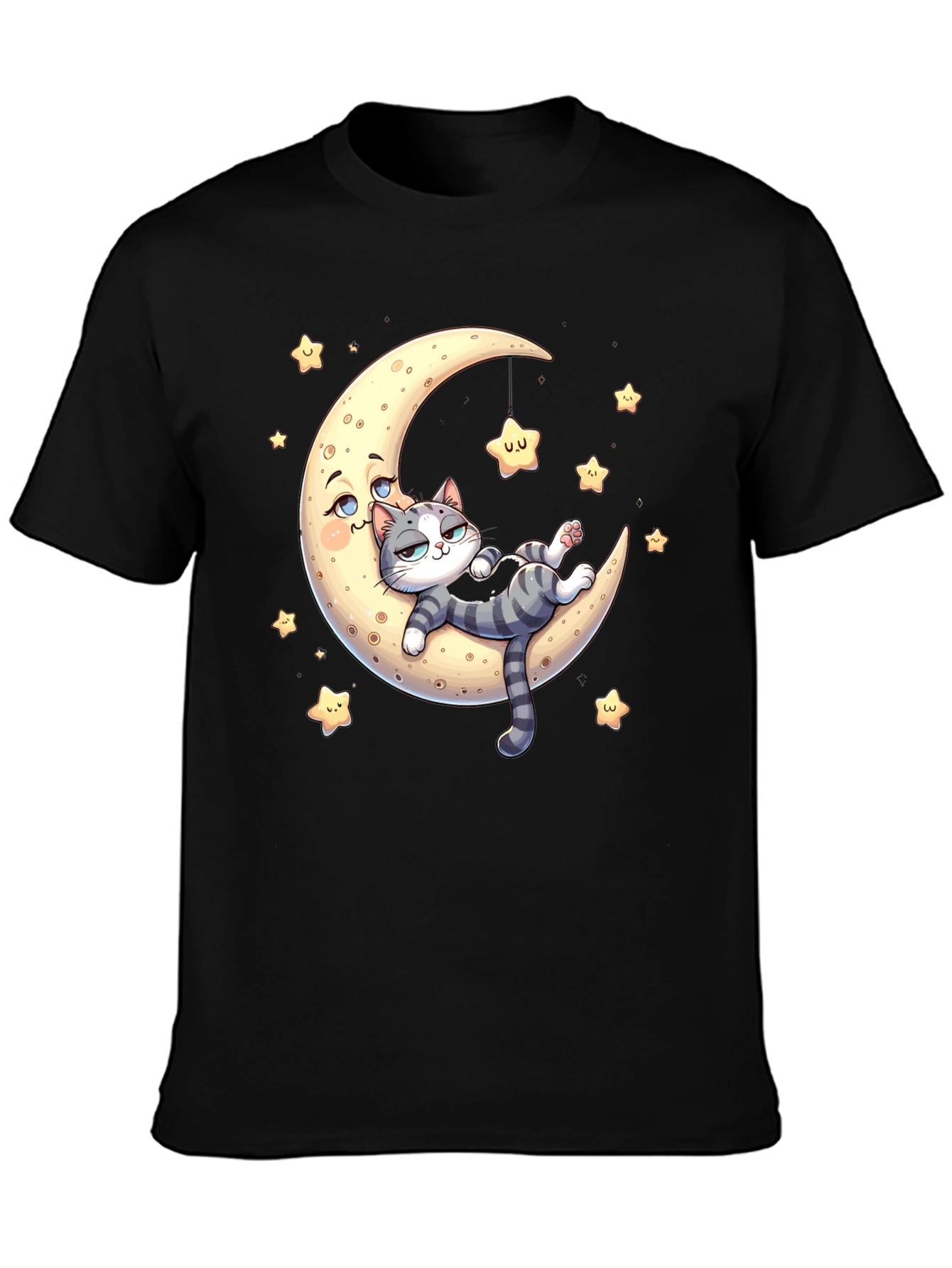 Black Cute Cat Moon Graphic T-Shirt view 3