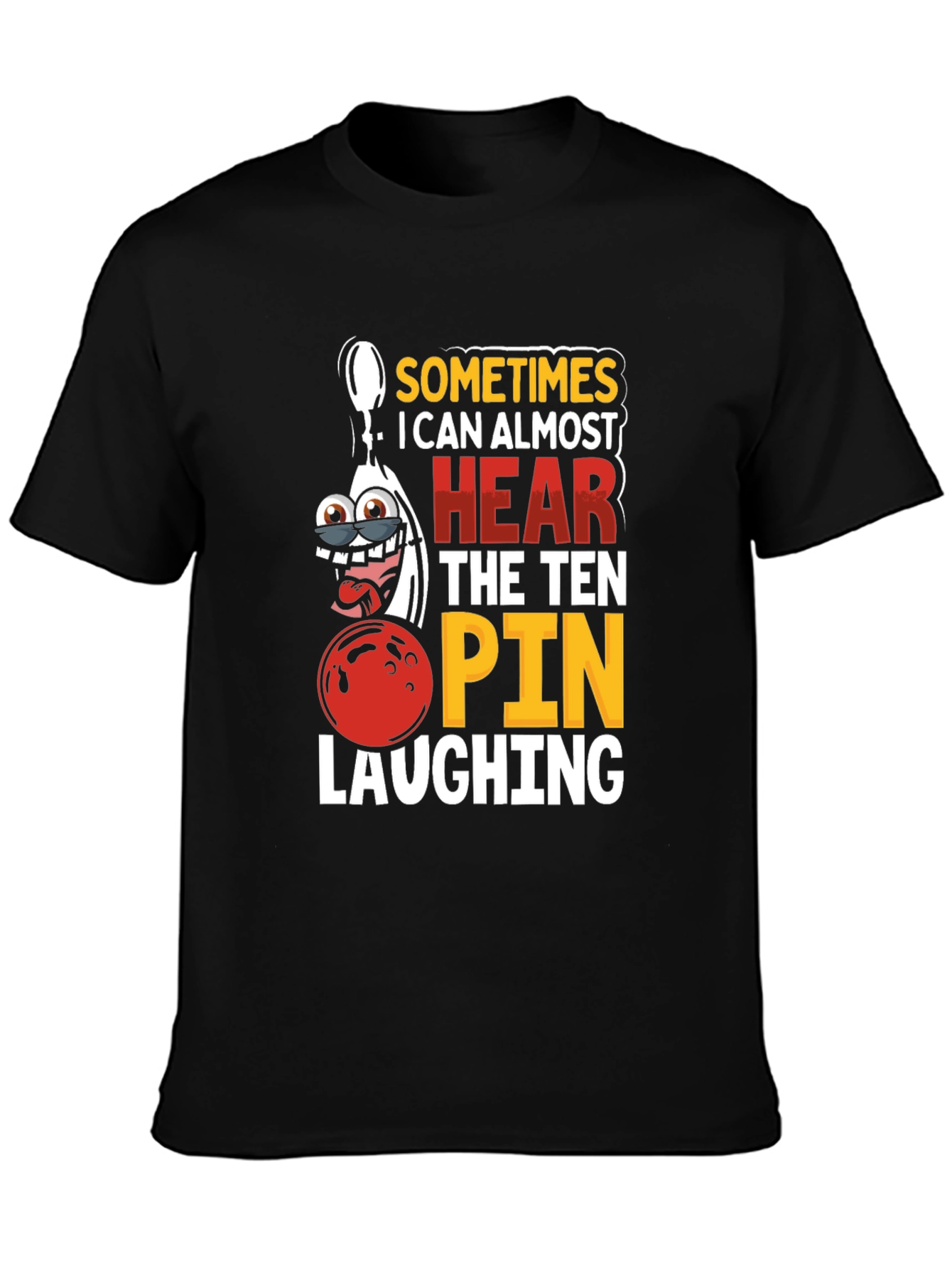 Black Funny Bowling T-Shirt: Ten Pin Laughing Graphic Tee view 3
