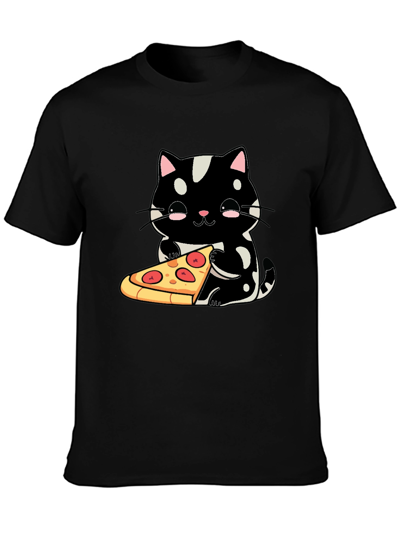 Black Cute Cat Pizza Graphic Tee - Black Cotton T-Shirt view 3