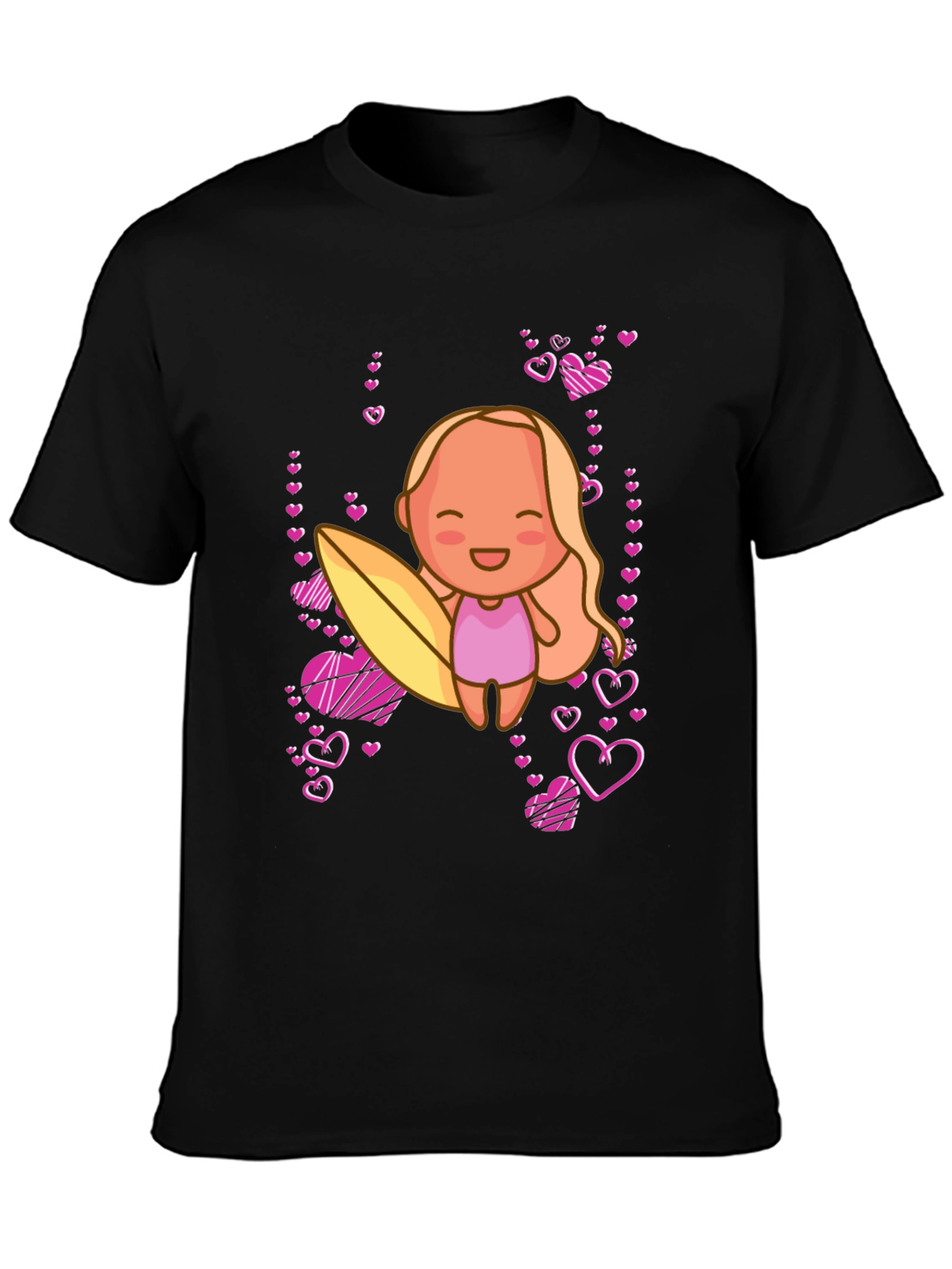 Black Cute Surfer Girl with Hearts Black T-Shirt view 3