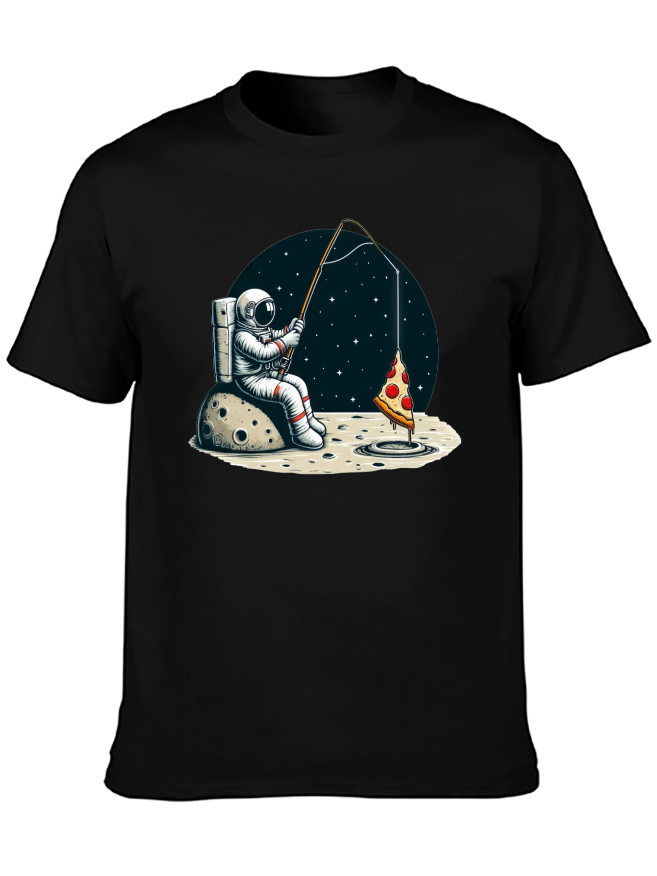 Black Astronaut Fishing for Pizza T-Shirt view 3