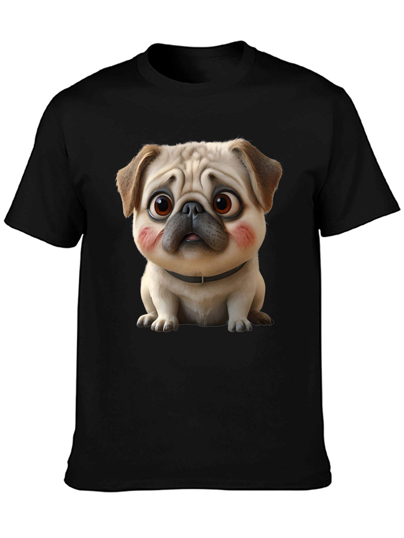 Black Cute Cartoon Pug Dog Black T-Shirt view 3
