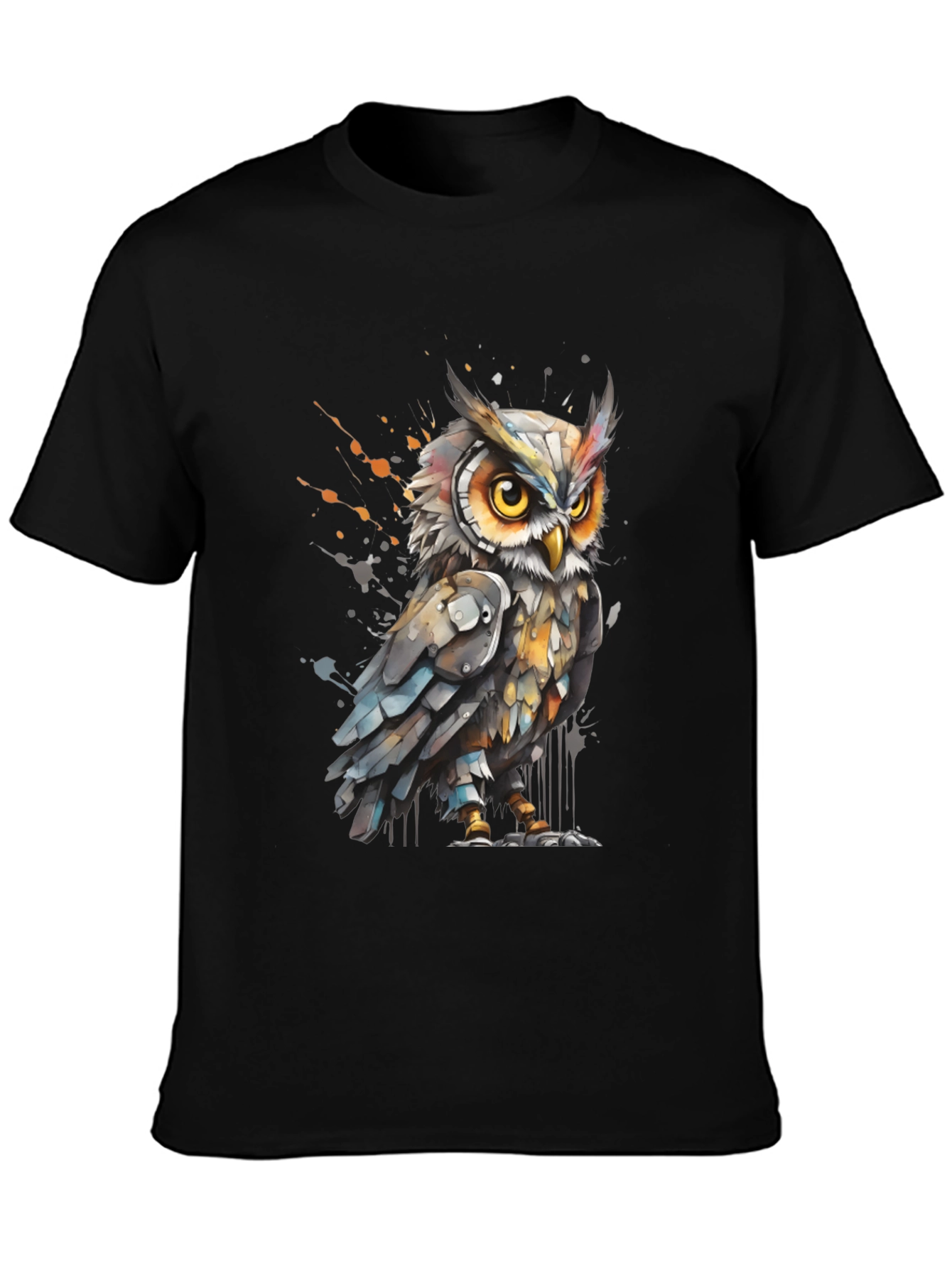 Black Artistic Owl Graphic Tee - Cool Bird T-Shirt view 3