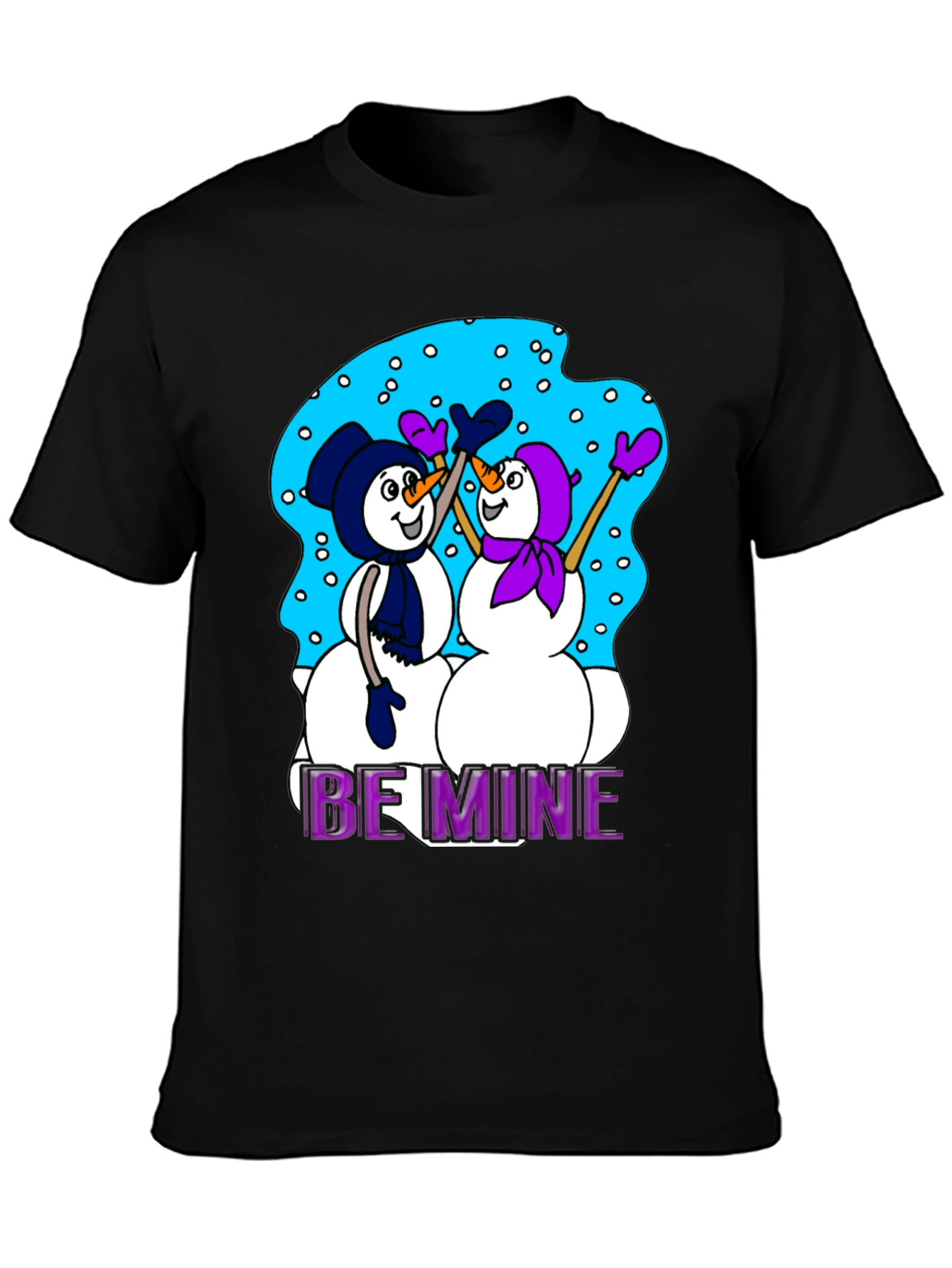 Black Snowman T-Shirt: "Be Mine" Valentine's Day Black Tee view 3