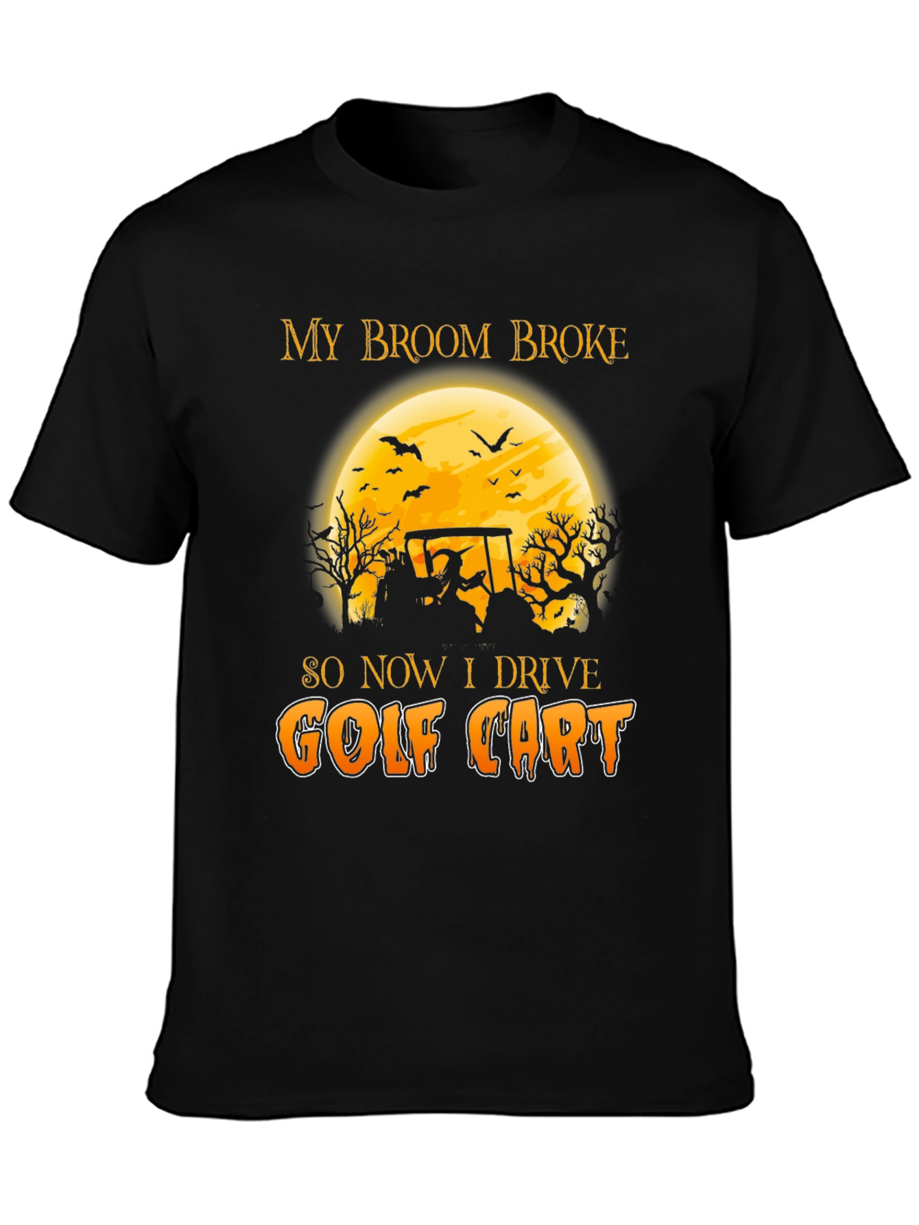 Black Halloween Witch Golf Cart T-Shirt - Funny Fall Tee view 3