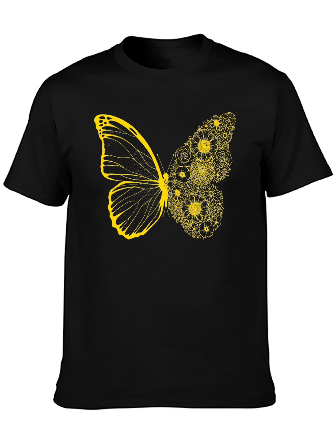 Black Floral Butterfly Graphic Tee - Black Cotton Casual Top view 3