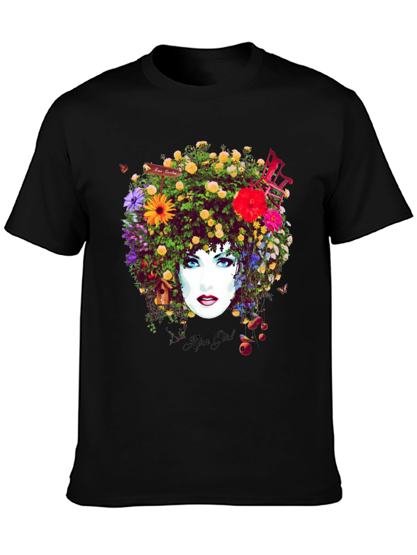 Black Floral Afro Girl Graphic Tee - Unique Design view 3