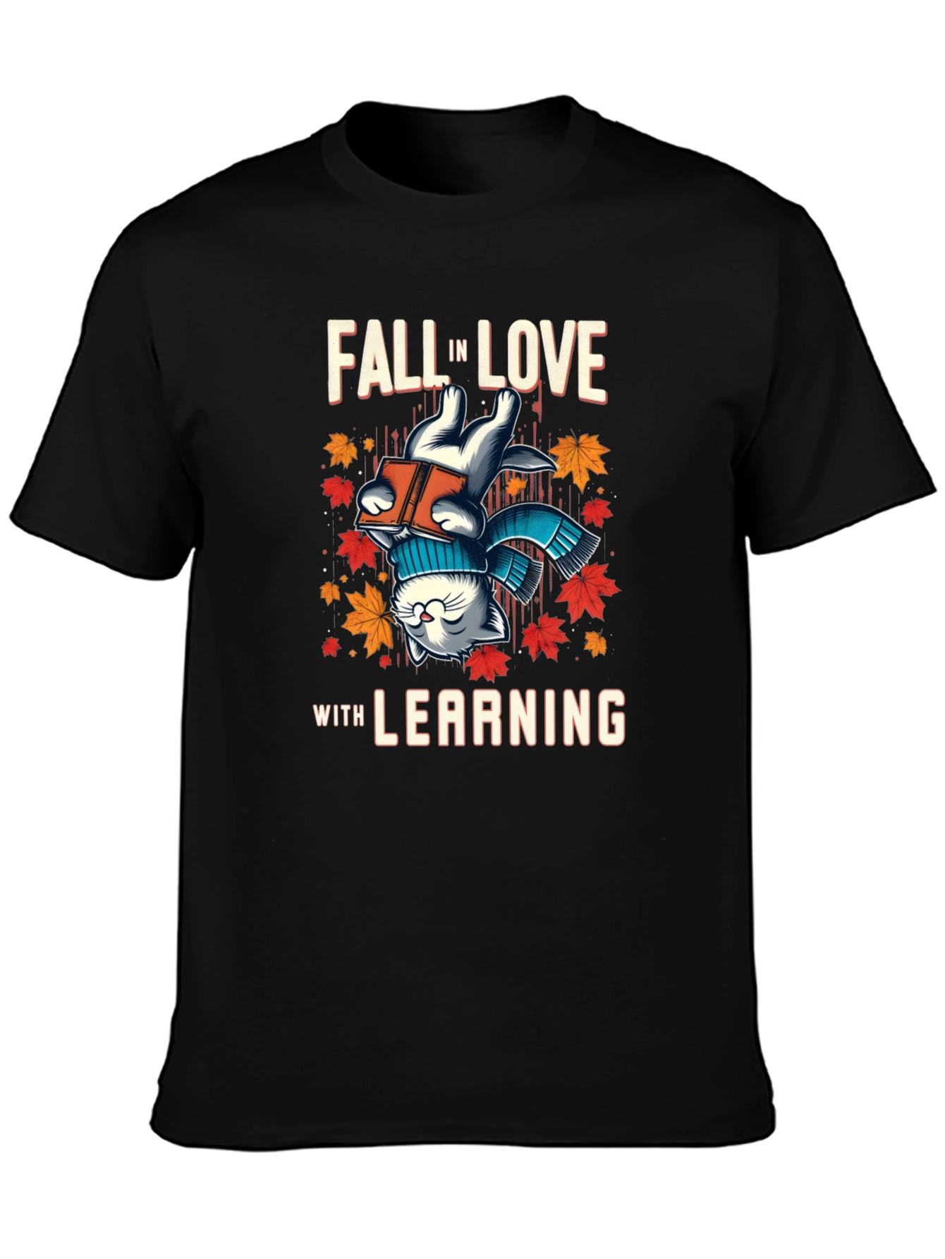Black Fall in Love with Learning Cat T-Shirt view 3