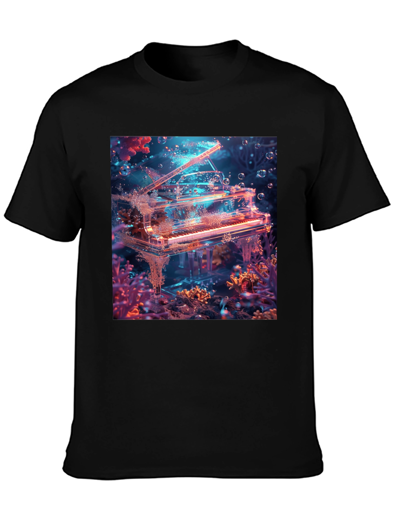 Black Underwater Piano Graphic Tee - Unique Design view 3