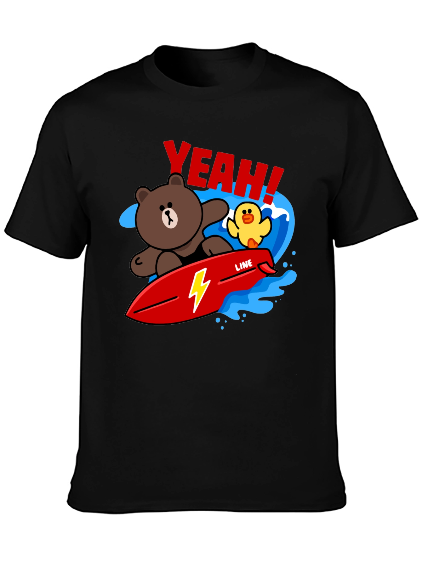 Black Cartoon Bear Surfing Graphic T-Shirt view 3