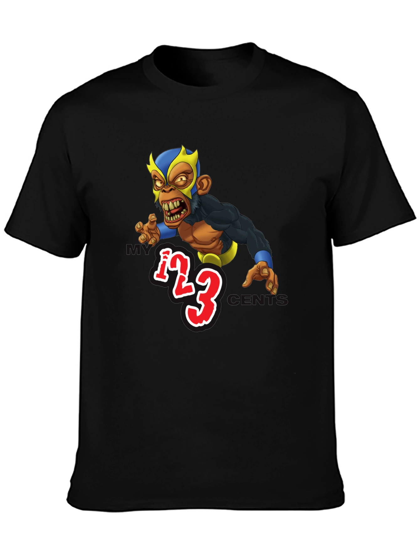 Black Wrestling Monkey Cartoon Graphic Black T-Shirt view 3