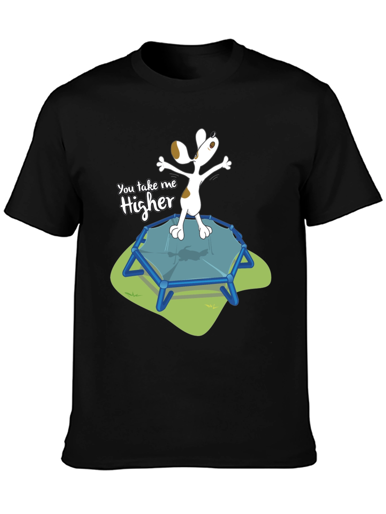Black You Take Me Higher T-Shirt - Dog on Trampoline view 3
