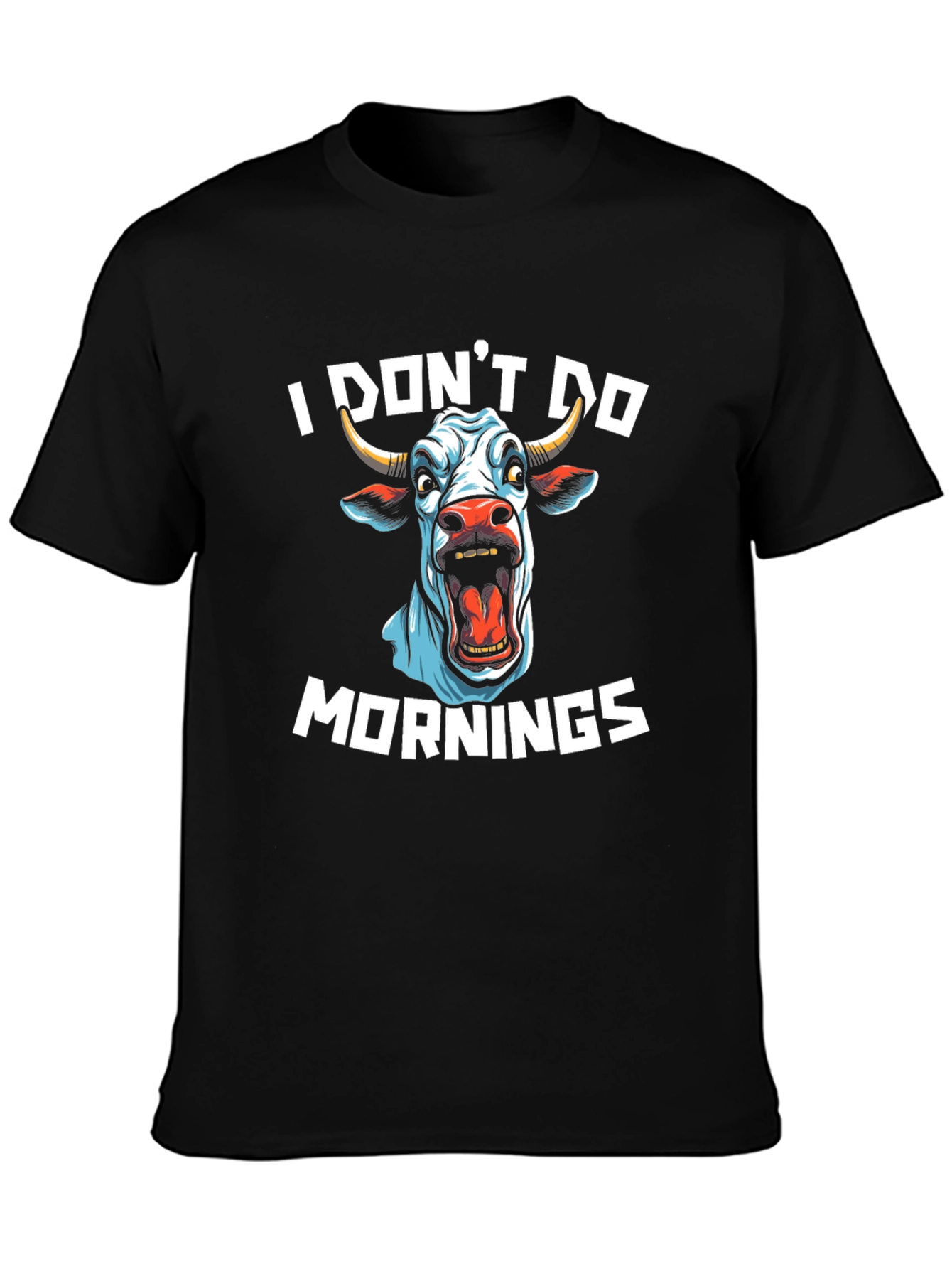 Black Funny I Don't Do Mornings Cow Graphic Black T-Shirt view 3