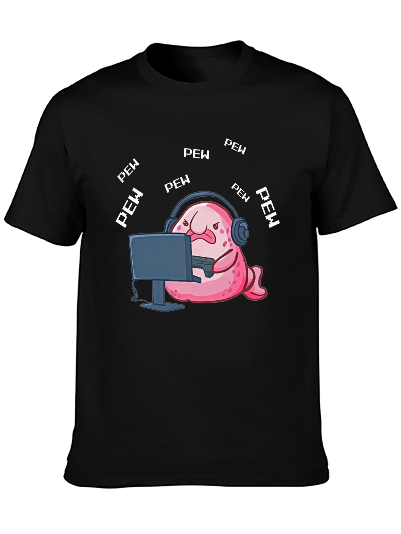 Black Gamer Blobfish T-Shirt - Pew Pew Funny Tee view 3