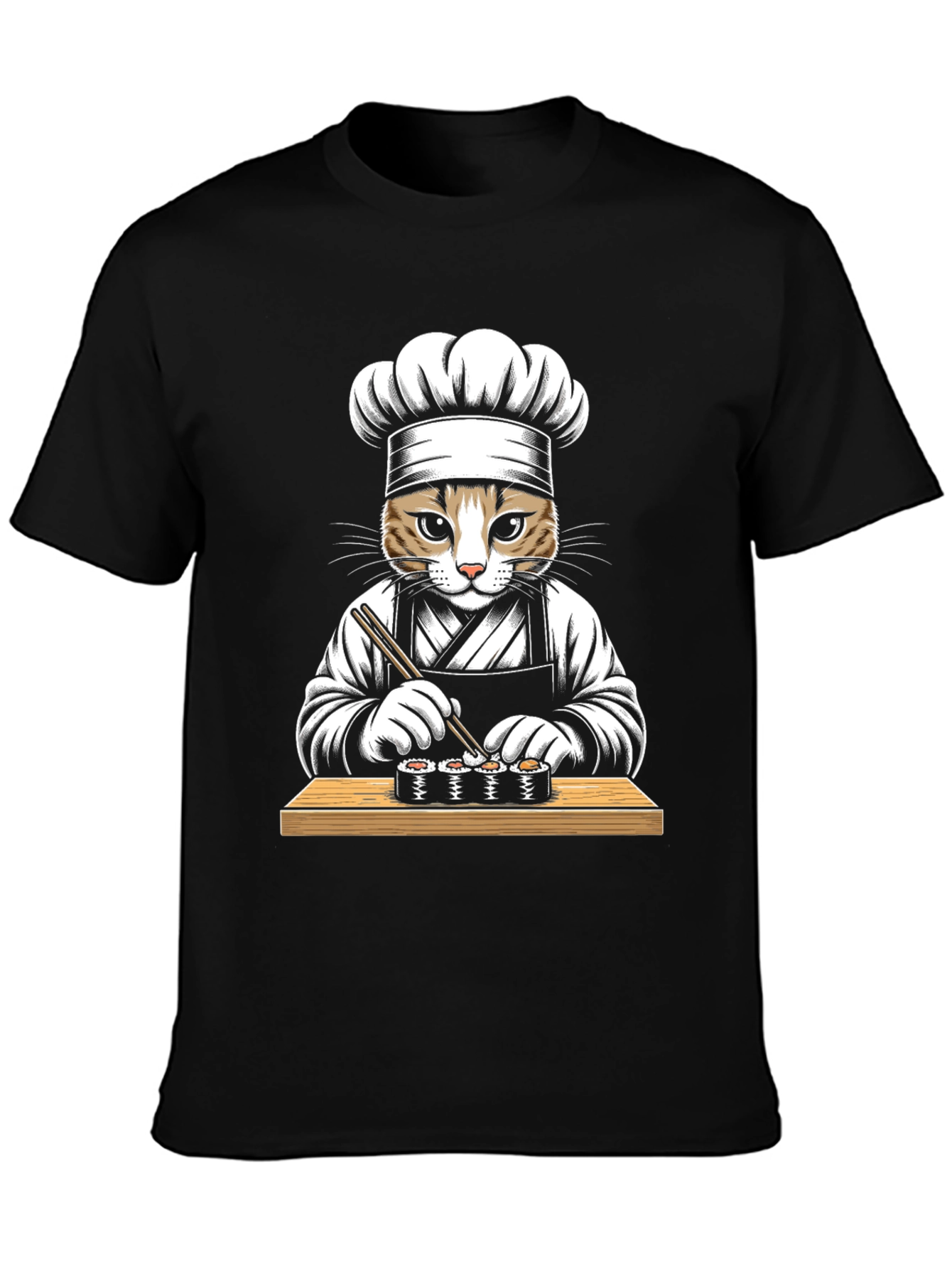 Black Cat Sushi Chef Graphic Tee - Unisex Black T-Shirt view 3