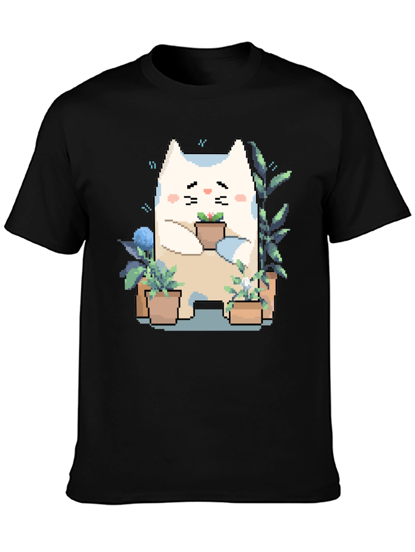 Black Cute Pixel Cat with Plants Black T-Shirt view 3