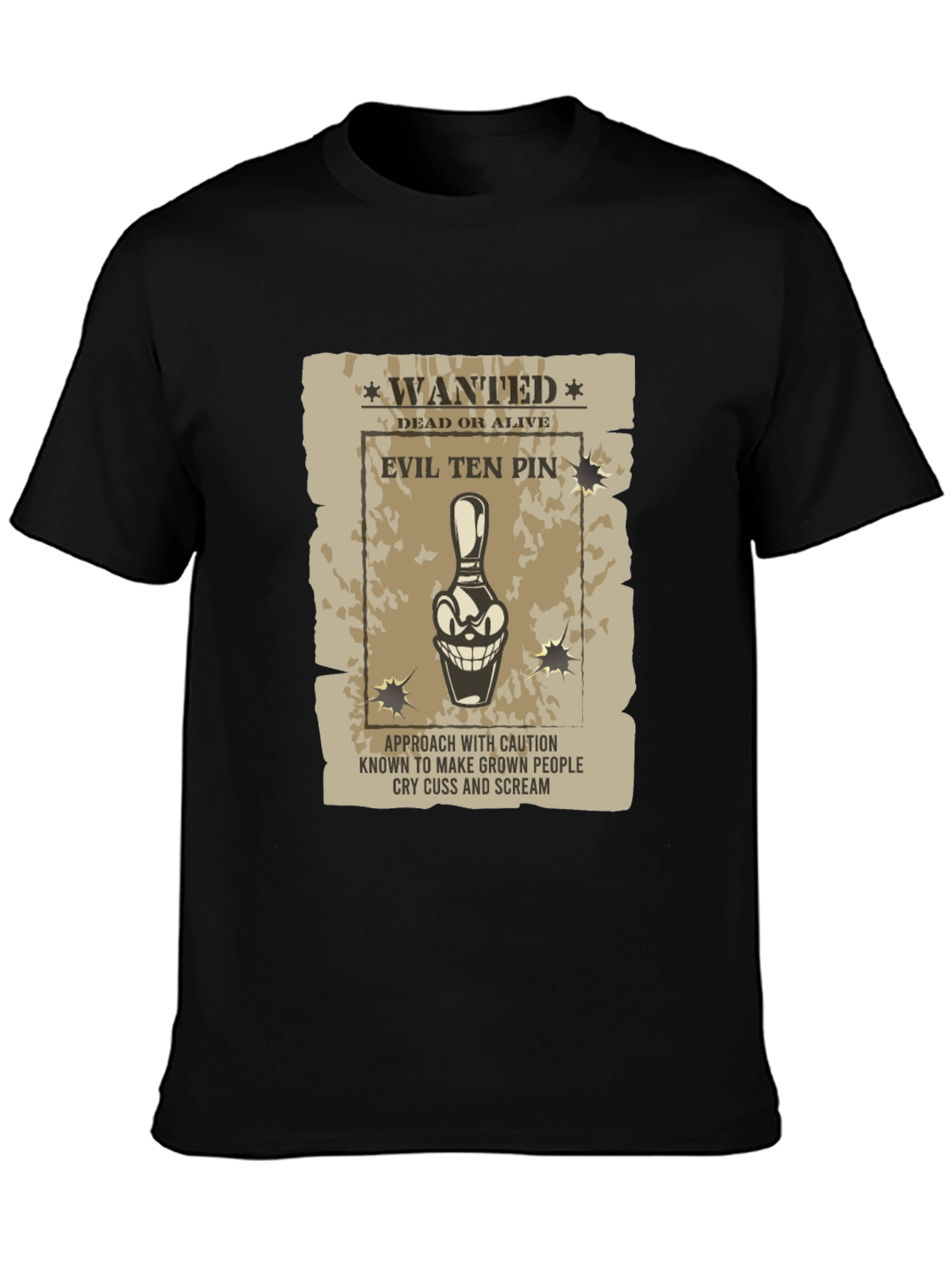 Black Evil Ten Pin Wanted T-Shirt - Funny Bowling Tee view 3