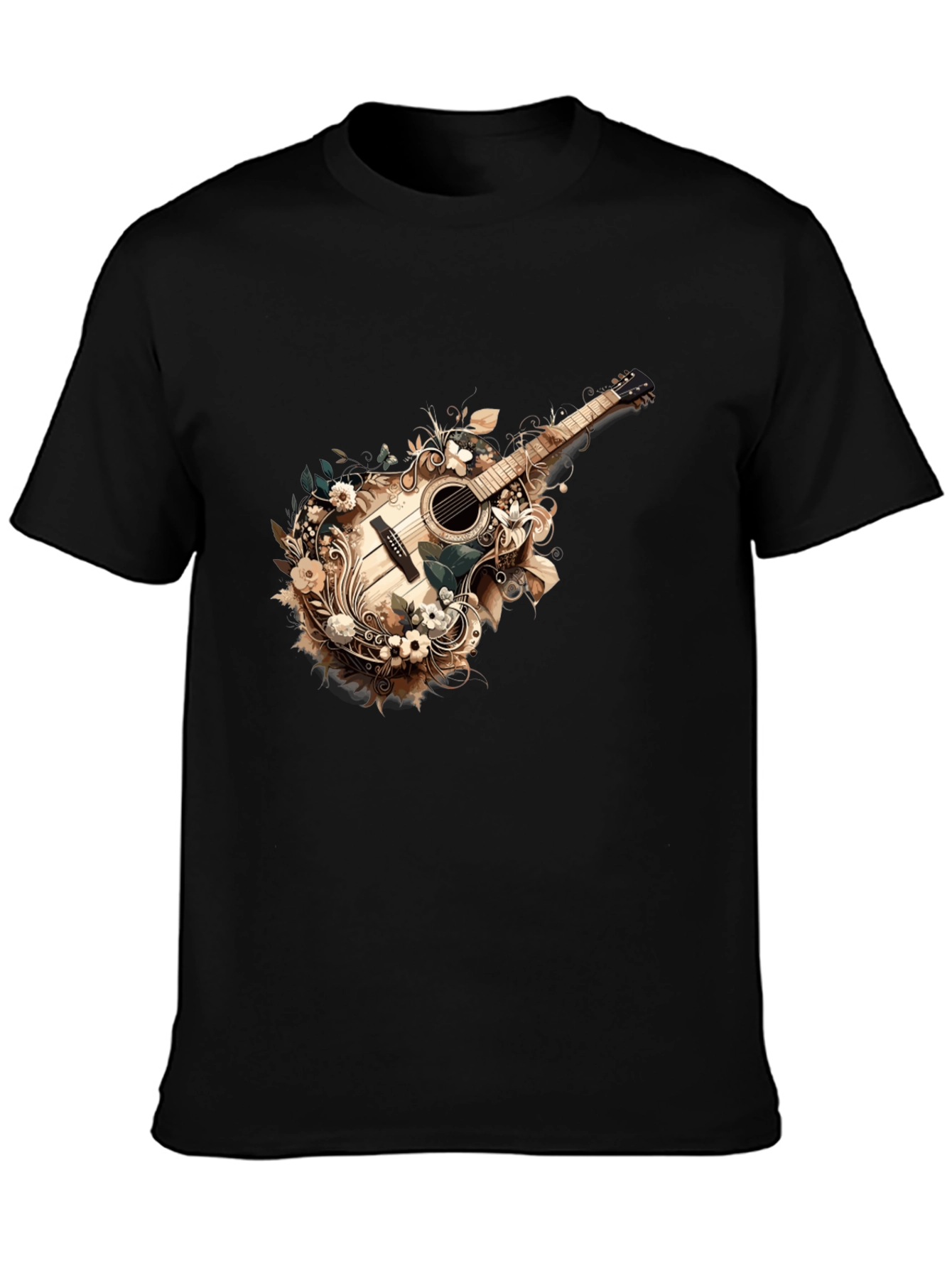 Black Floral Guitar Graphic Tee - Stylish Black T-Shirt view 3