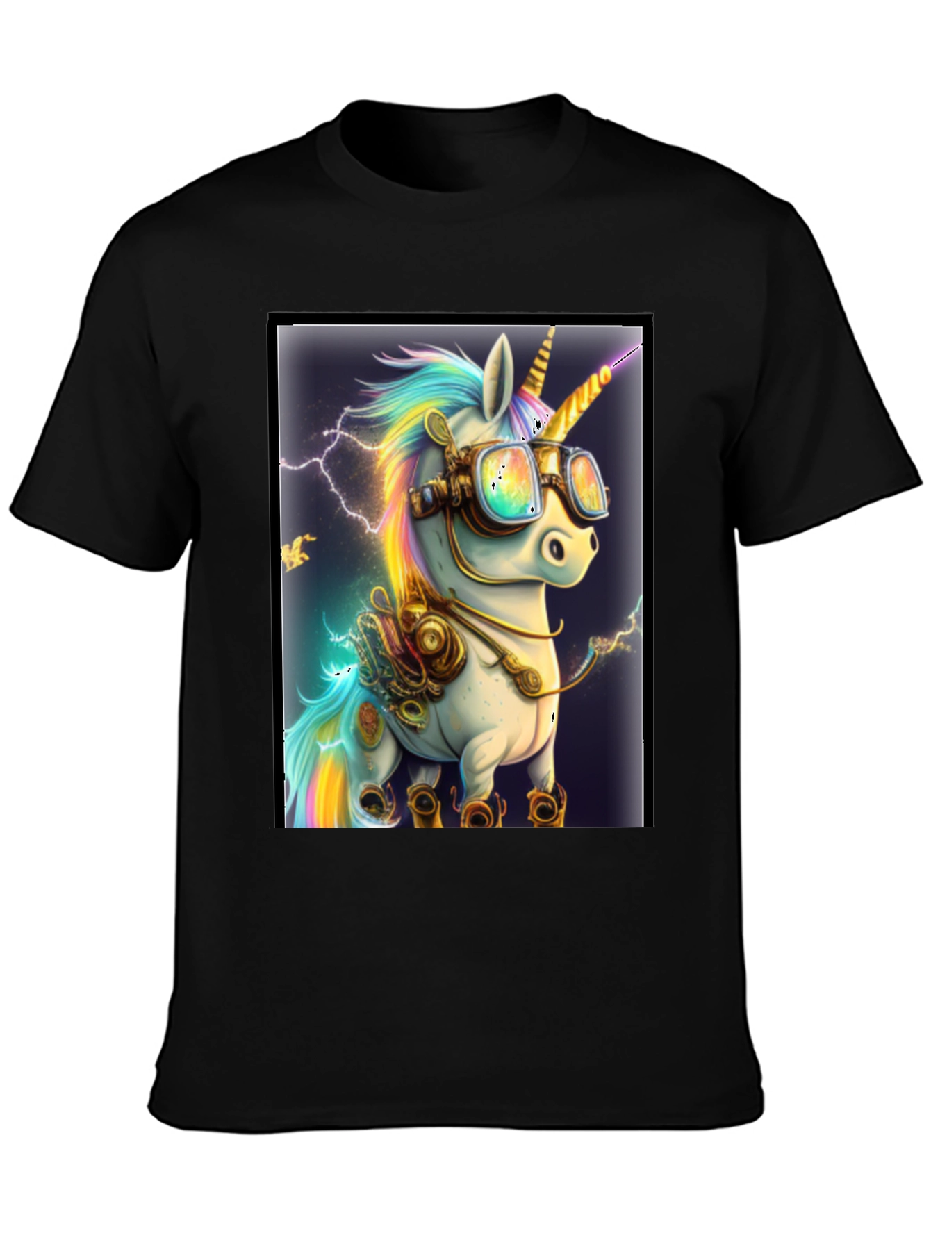 Black Steampunk Unicorn Graphic T-Shirt view 3