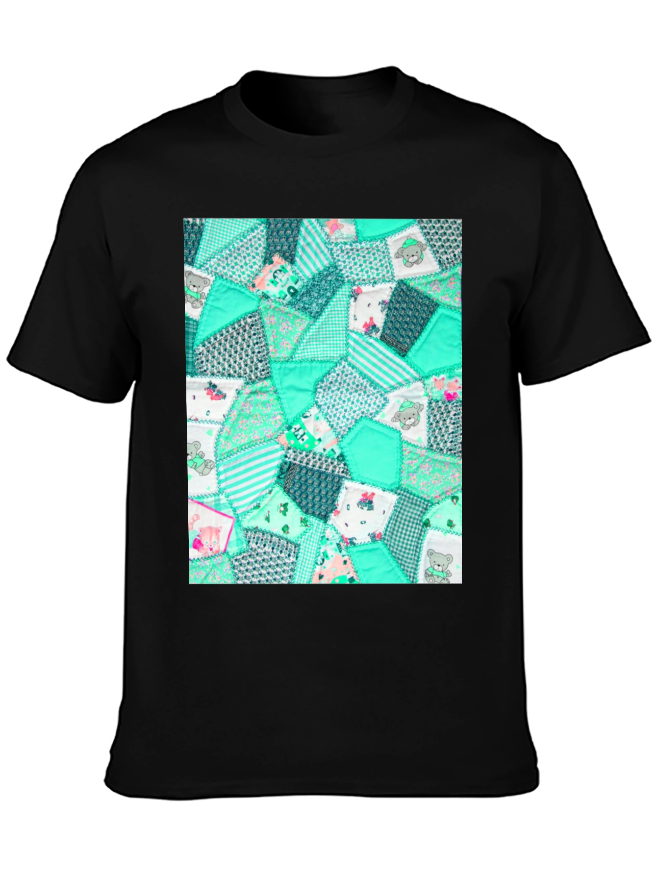 Black Quilted Patchwork Pattern Black Tee view 3