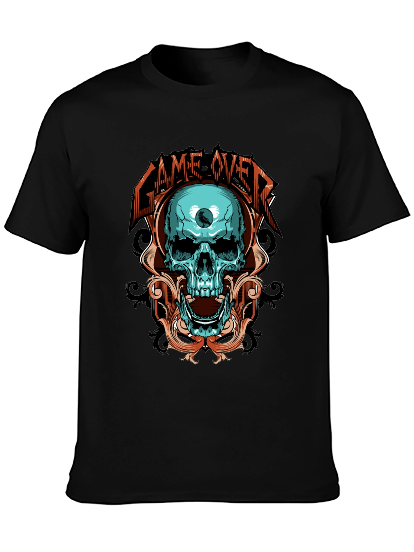 Black Game Over Skull Graphic Black T-Shirt view 3