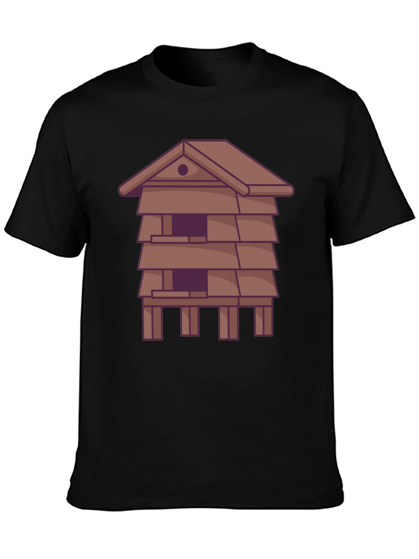Black Unique T-Shirt with Stylized House Graphic view 3
