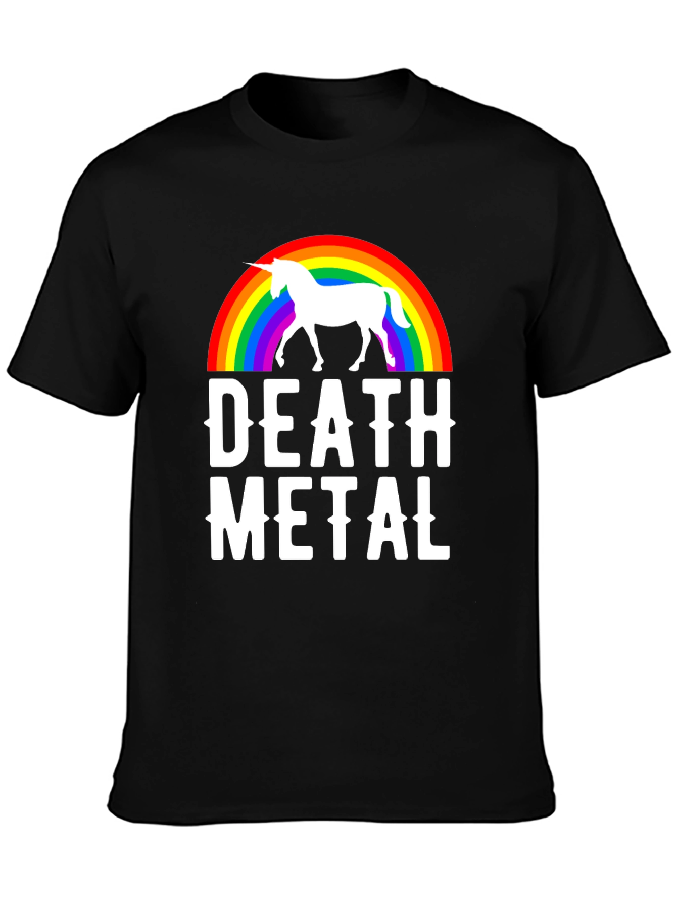 Black Death Metal Unicorn Rainbow T-Shirt - Black Cotton Tee view 3