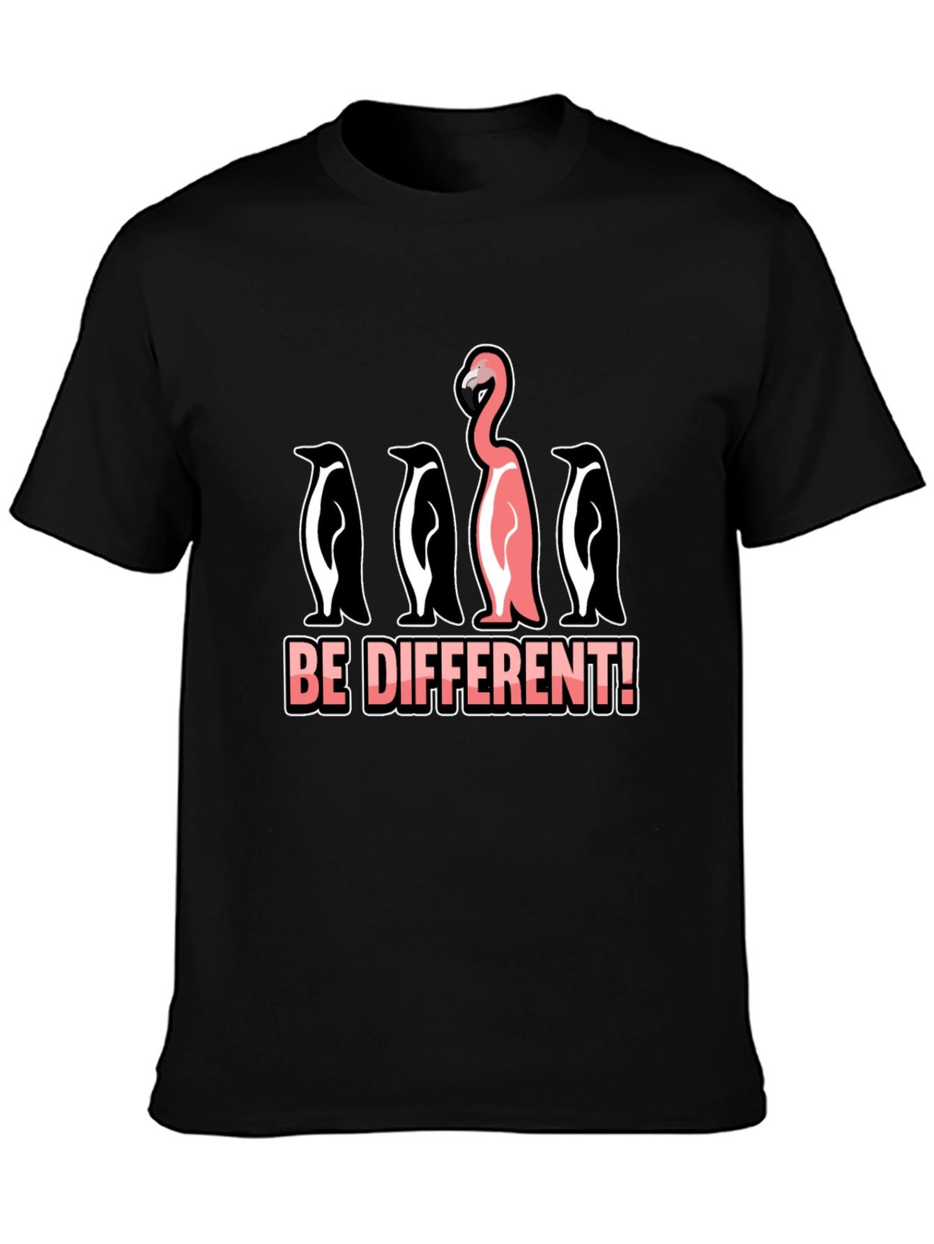 Black Be Different T-Shirt Flamingo Penguin Graphic Novelty Tee view 3