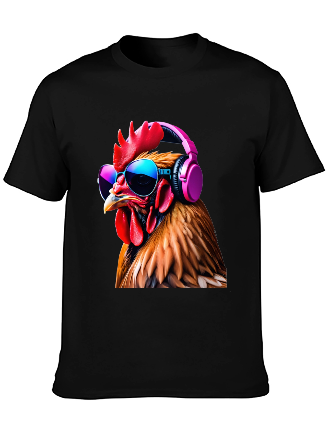 Black Cool Chicken T-Shirt with Headphones and Sunglasses view 3