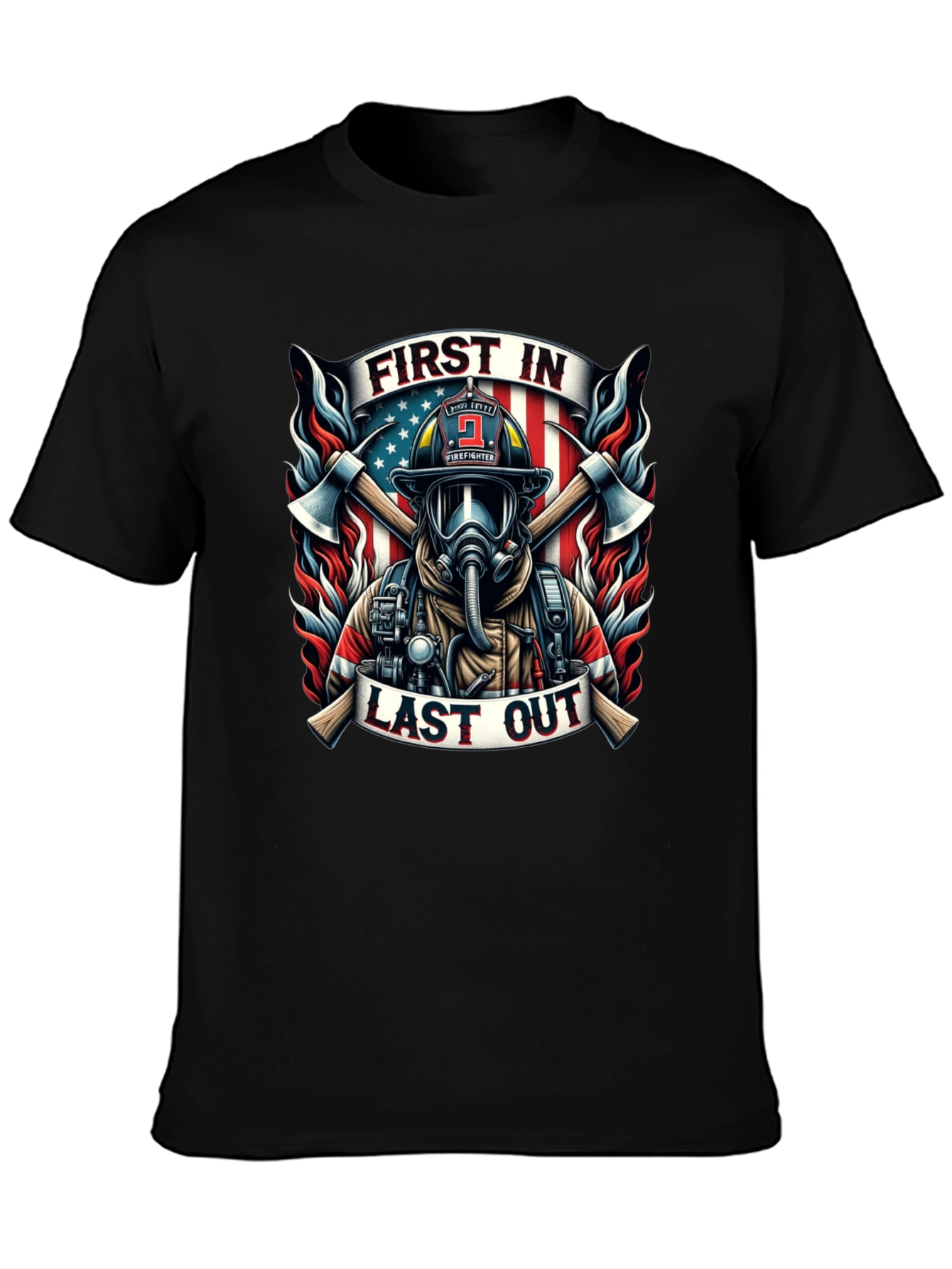 Black First In Last Out Firefighter Graphic Tee view 3
