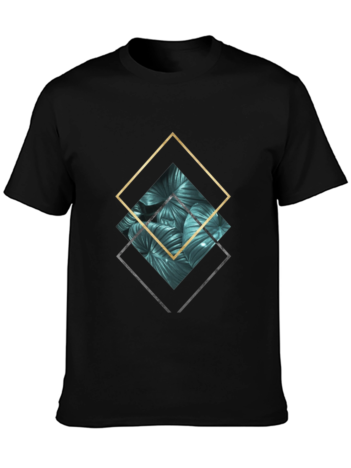 Black Geometric Leaves Tee - Modern Men's Black T-Shirt view 3
