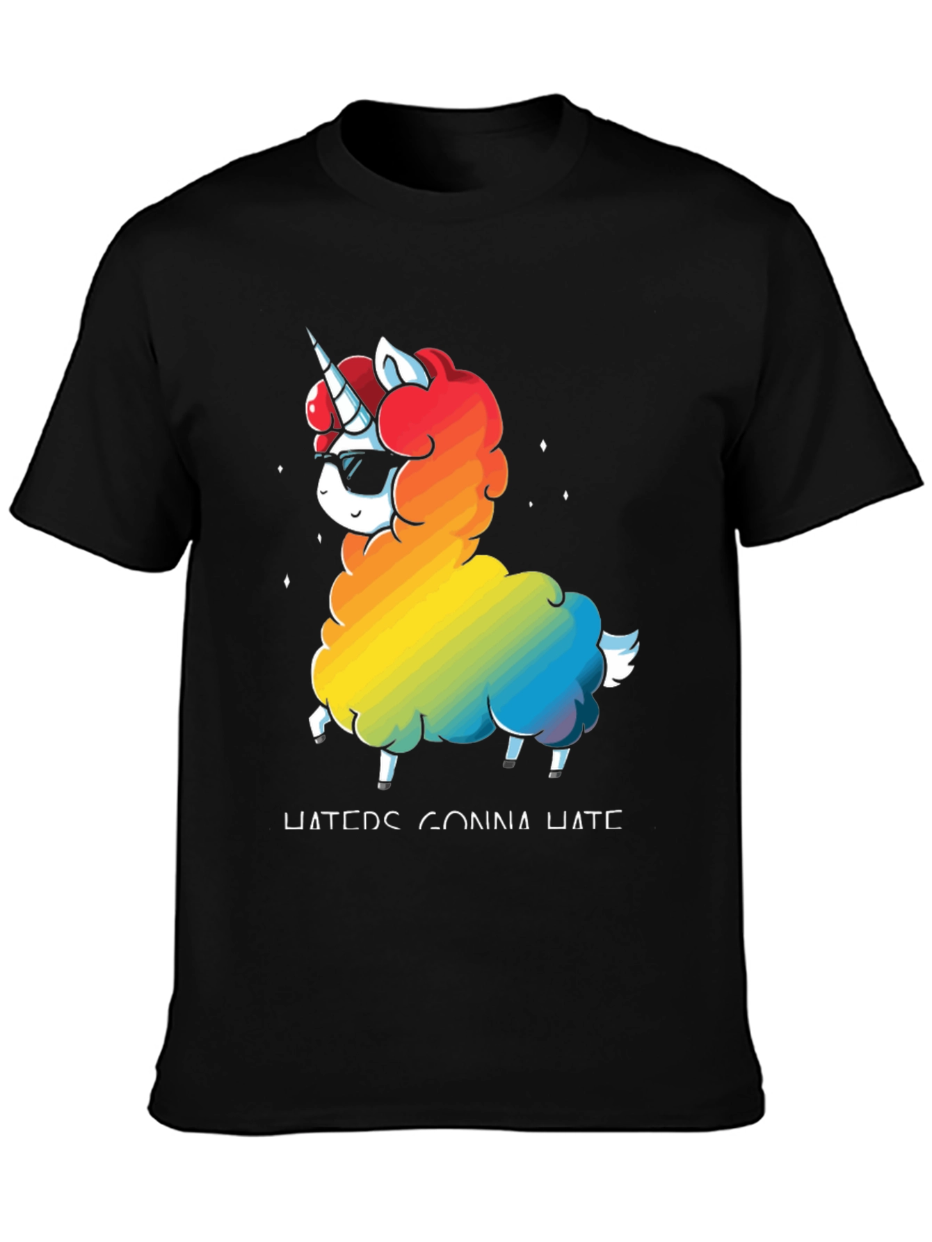 Black Unicorn Llama Rainbow T-Shirt - "Haters Gonna Hate" view 3