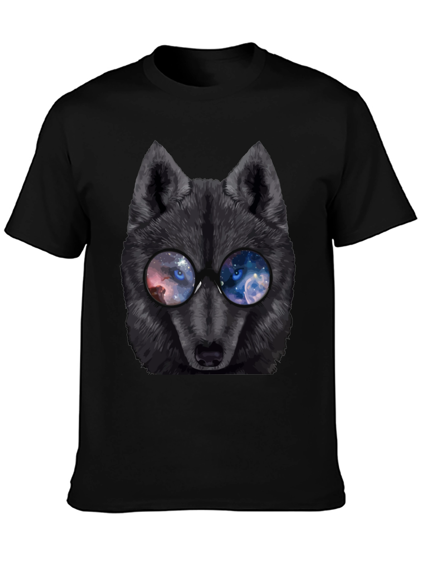 Black Cool Wolf with Galaxy Glasses T-Shirt view 3