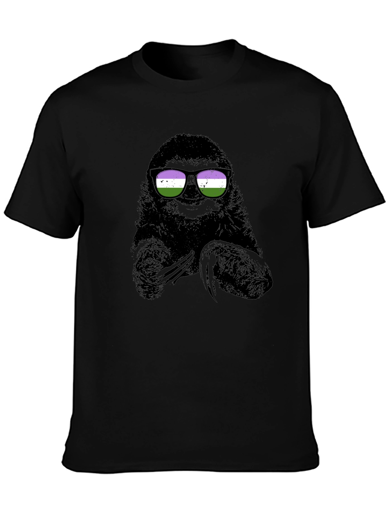 Black Sloth Wearing Genderqueer Pride Sunglasses T-Shirt view 3