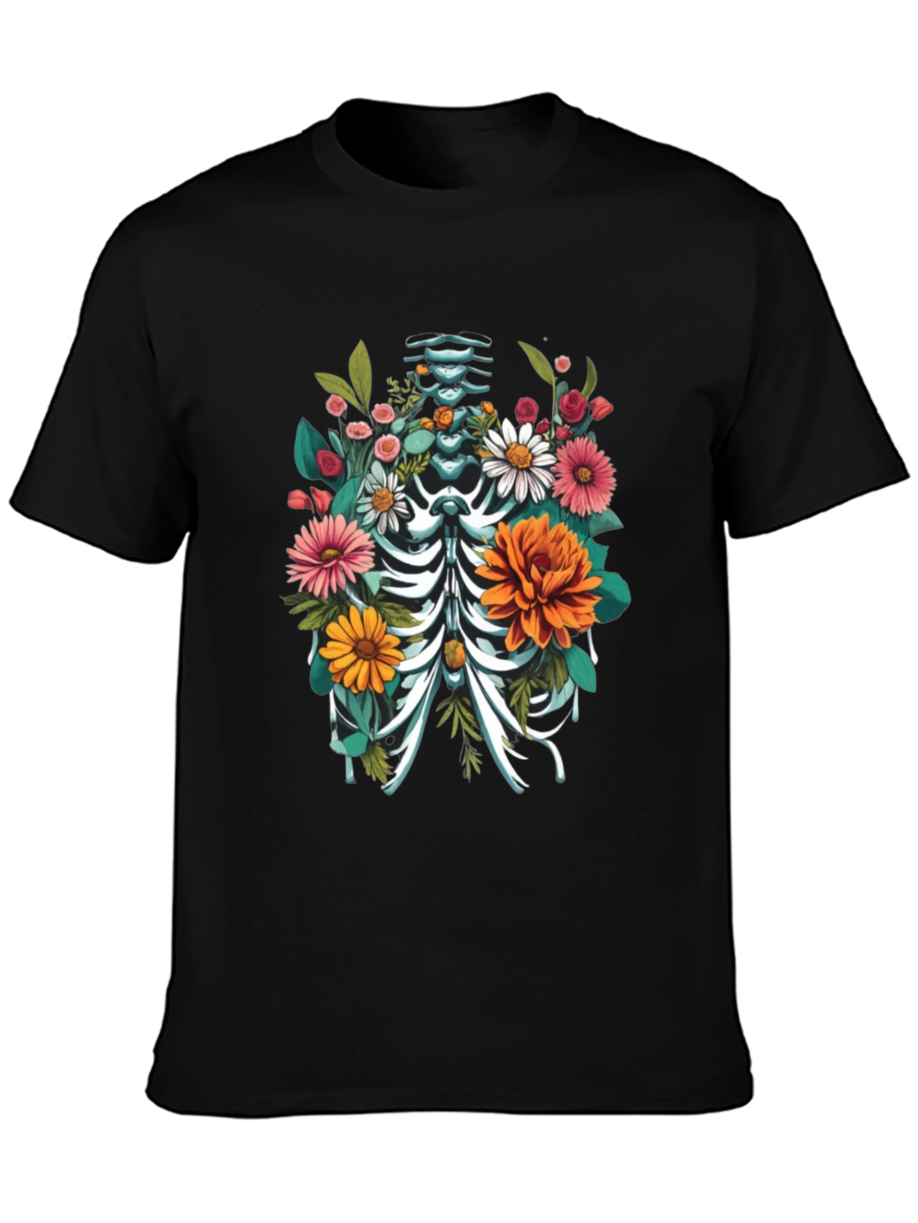Black Floral Skeleton Rib Cage Graphic T-Shirt view 3