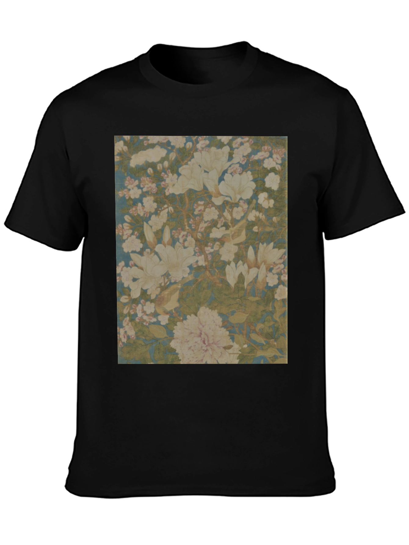 Black Floral Print Tee - Black Cotton Casual Wear view 3