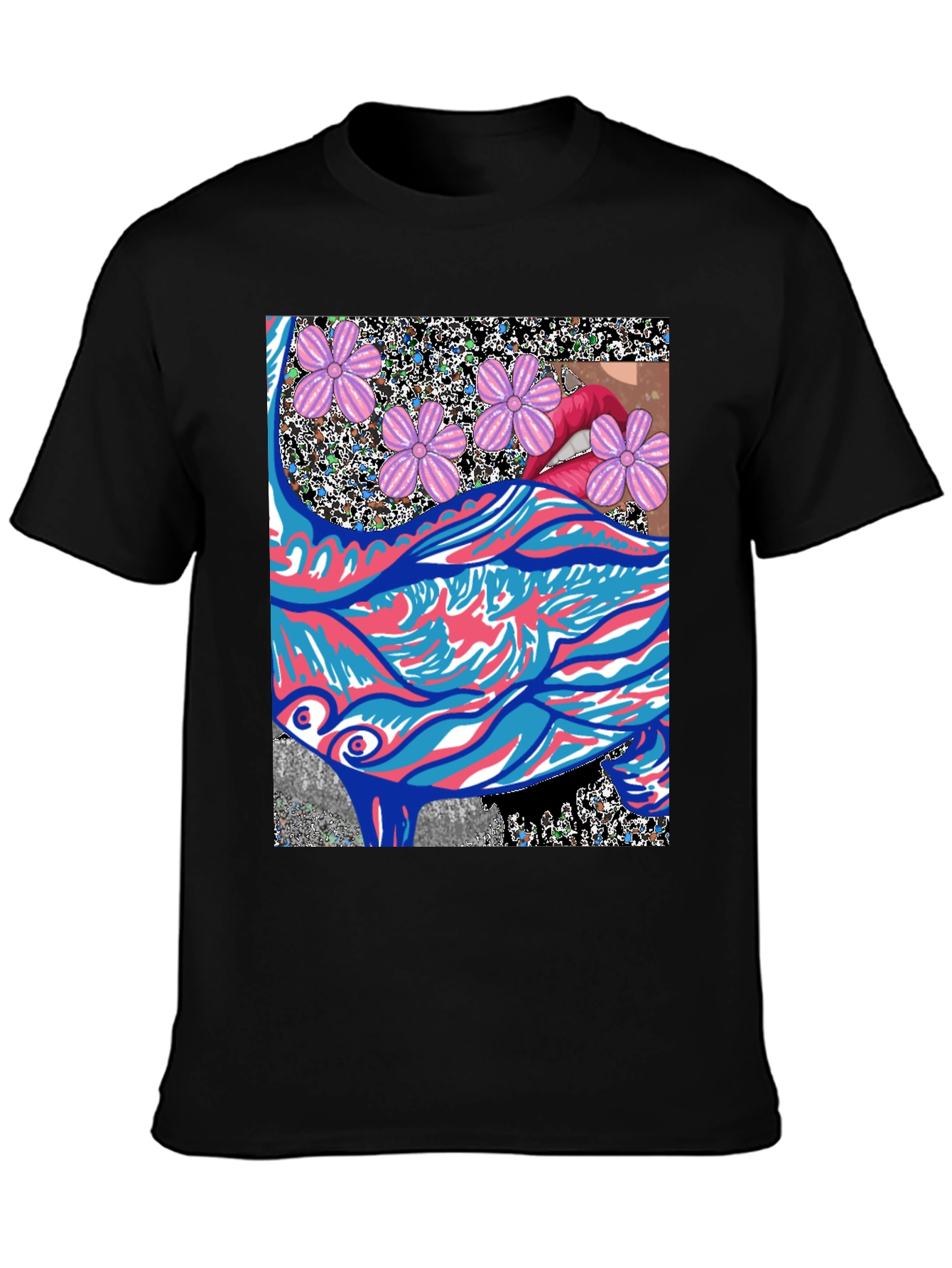 Black Abstract Floral Lips Graphic Tee - Men's Black T-Shirt view 3