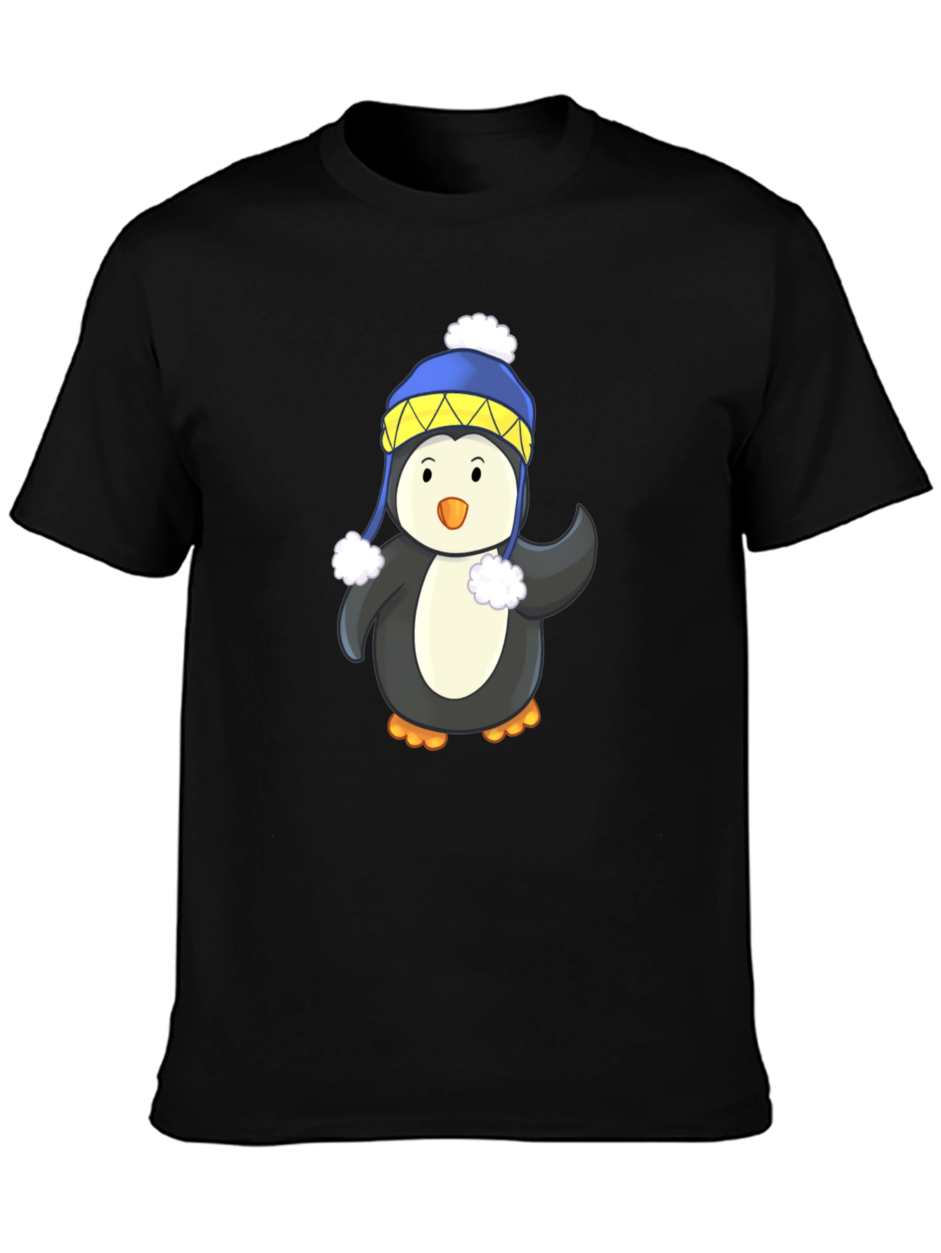 Black Penguin with Winter Hat Black T-Shirt view 3