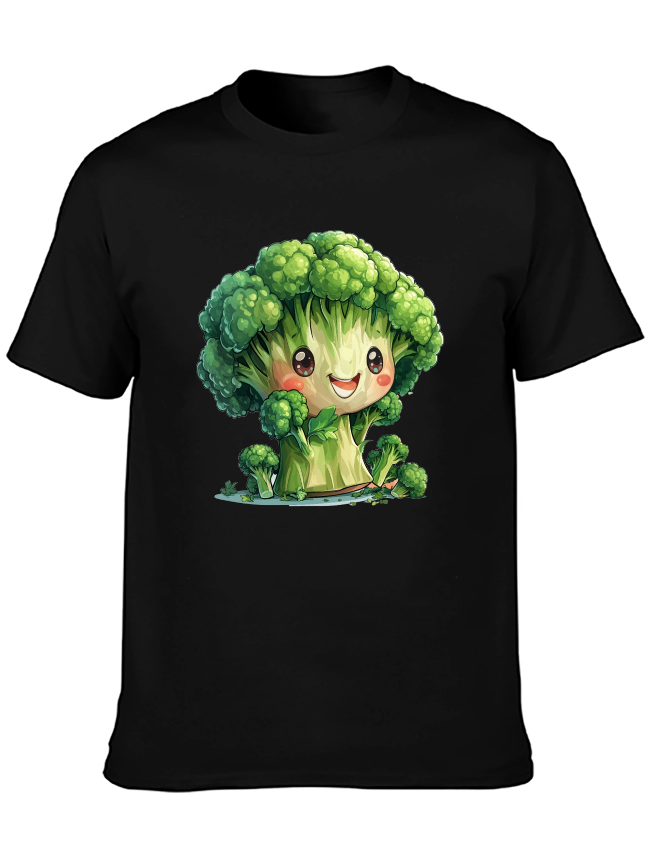 Black Cute Broccoli Cartoon Black T-Shirt view 3