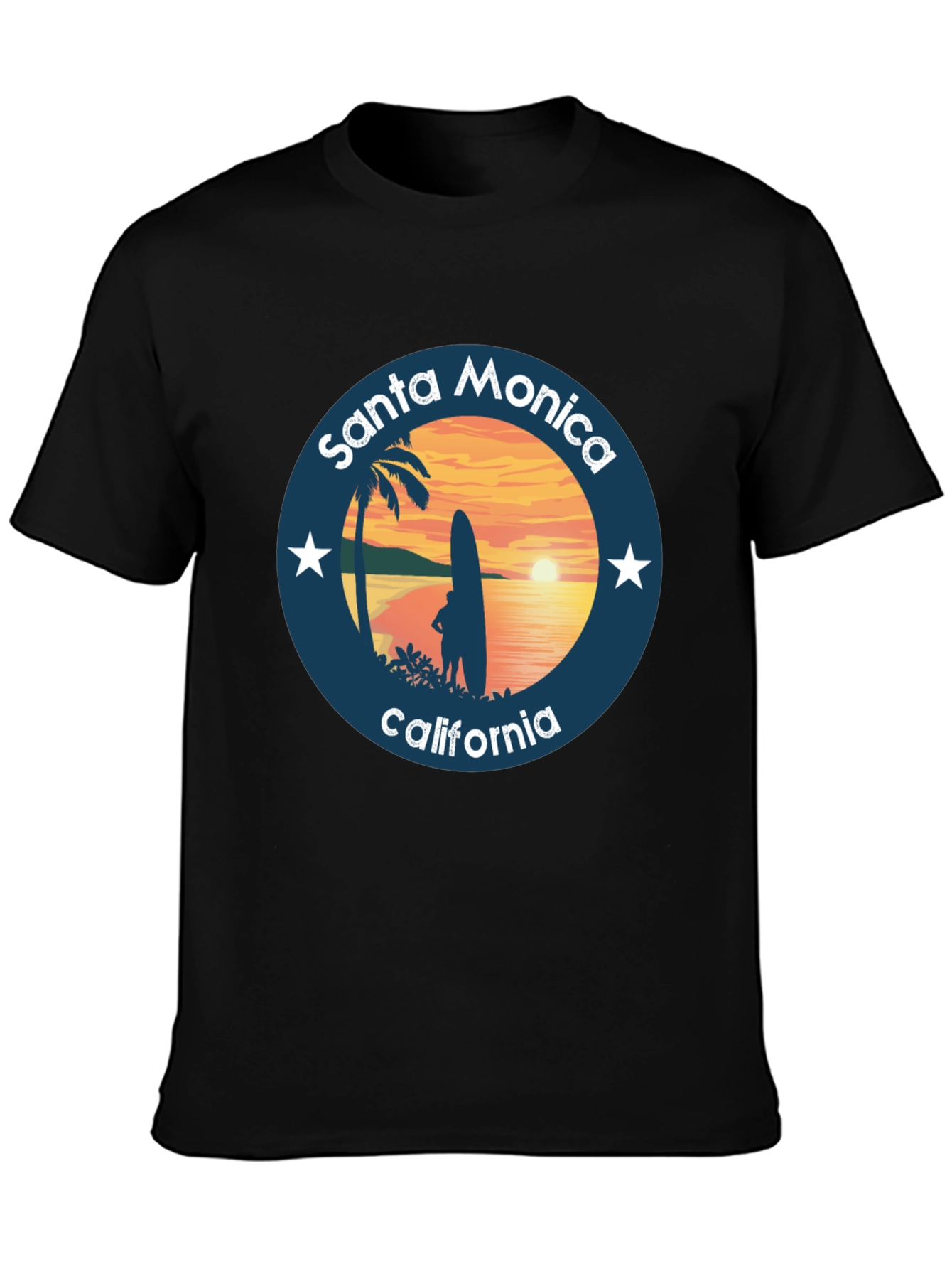 Black Santa Monica California T-Shirt Surfer Design view 3