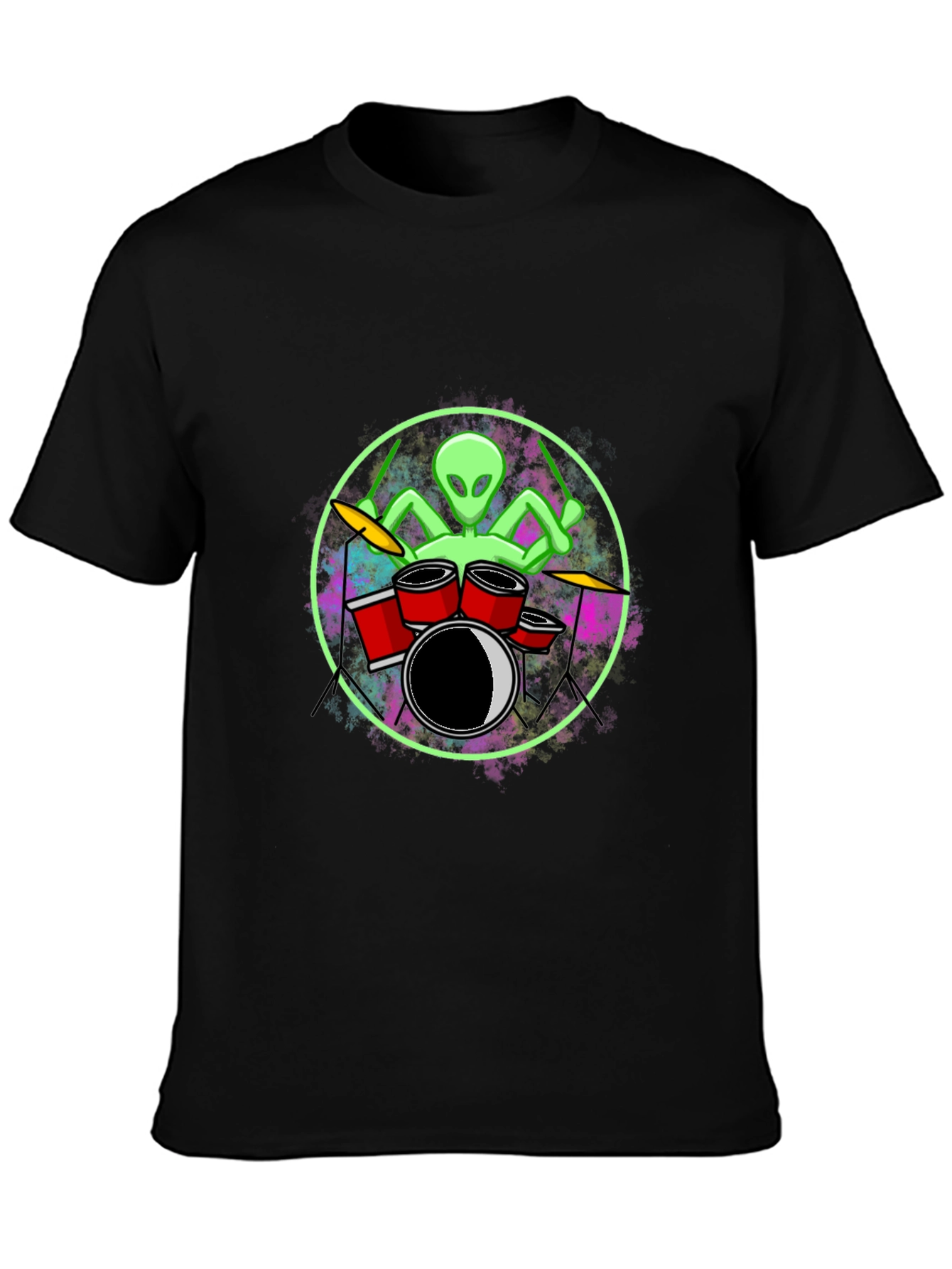 Black Alien Drummer Graphic Tee - Black Cotton T-Shirt view 3