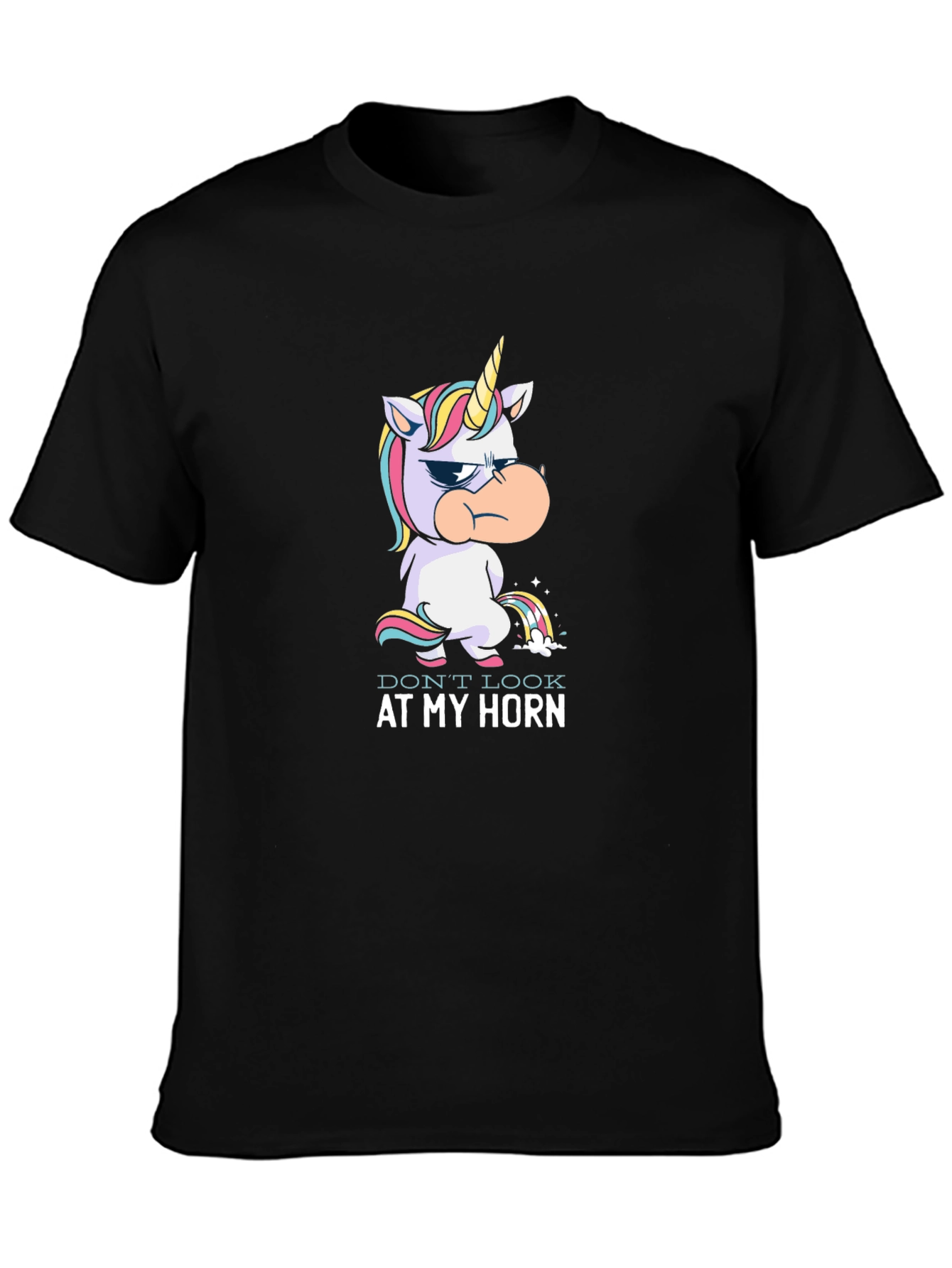 Black Grumpy Unicorn Rainbow Pee T-Shirt view 3